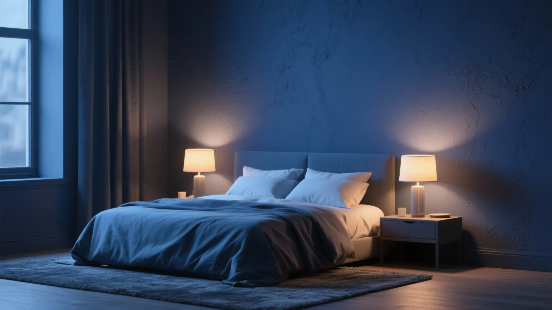 Cozy bedroom with matte dark blue walls, warm bedside lamps, and soft linens creating a quiet mood.
