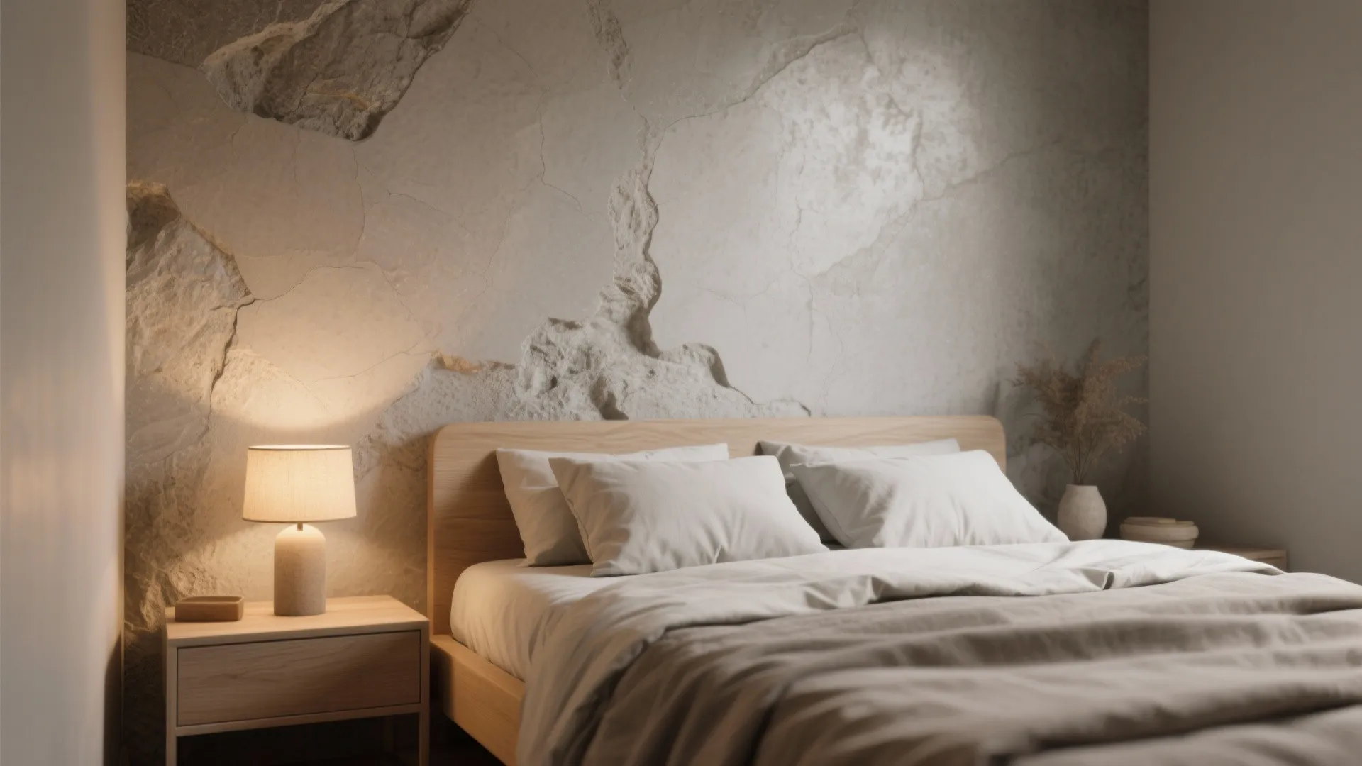 Bedroom interior with textured grey stone wall, wooden bed, white pillows, and small table lamp