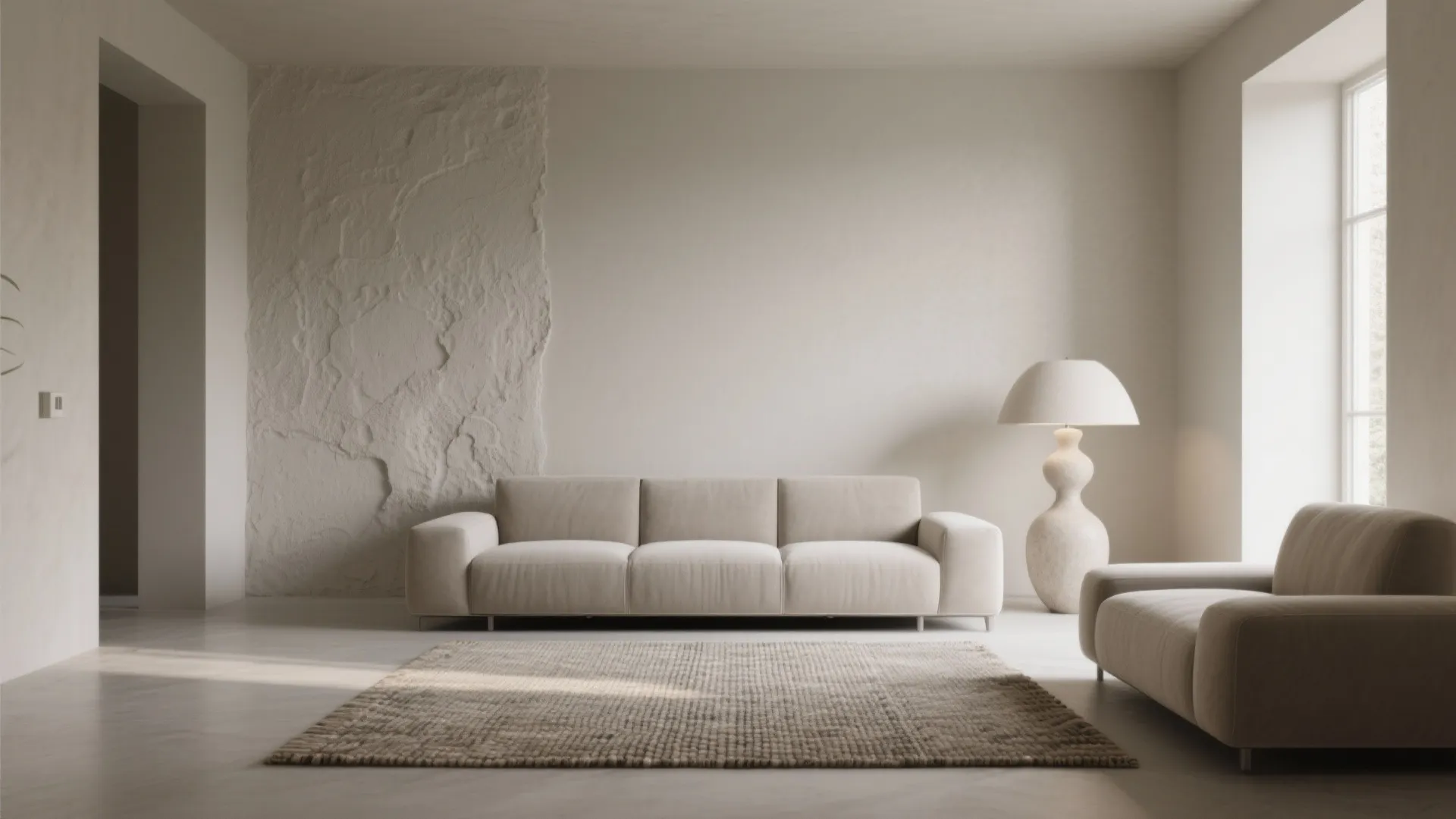 Minimalist living room with beige sofa rug floor lamp large window and textured white wall panel