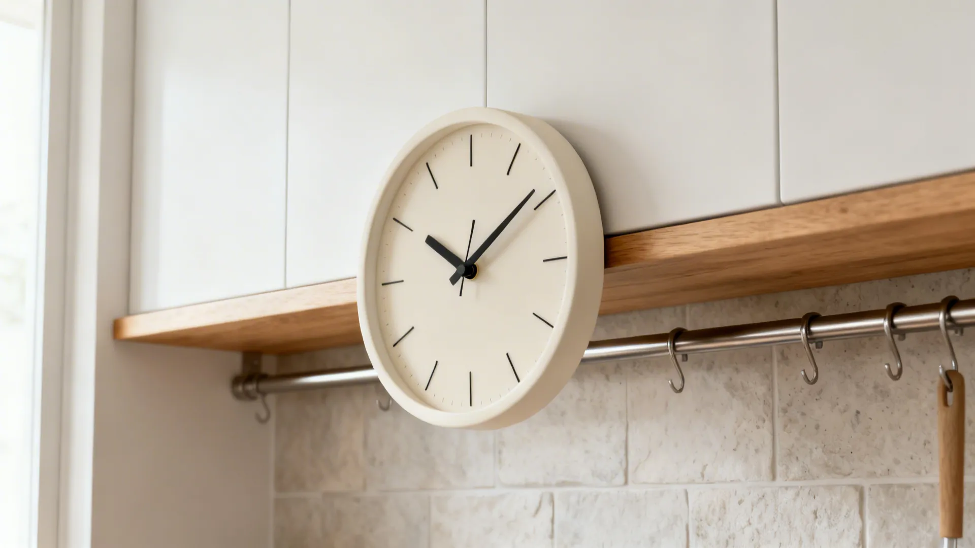 Matte frameless off-white kitchen wall clock with black hands above a tidy rail system.
