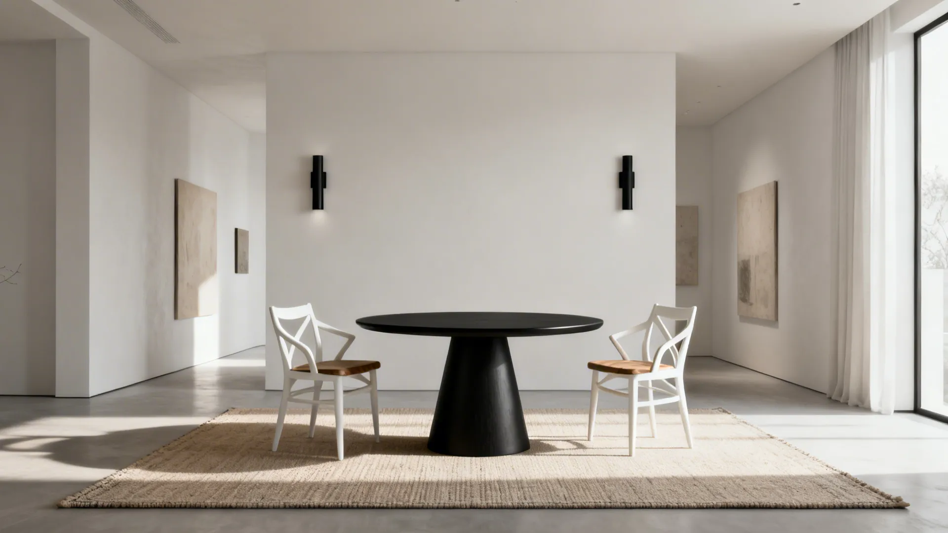 Matte black pedestal table with white wishbone chairs in a minimalist setting.