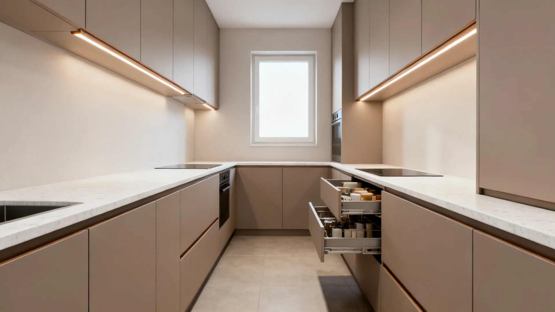 Modern beige kitchen with white countertops open drawers light fixtures and a white wall window