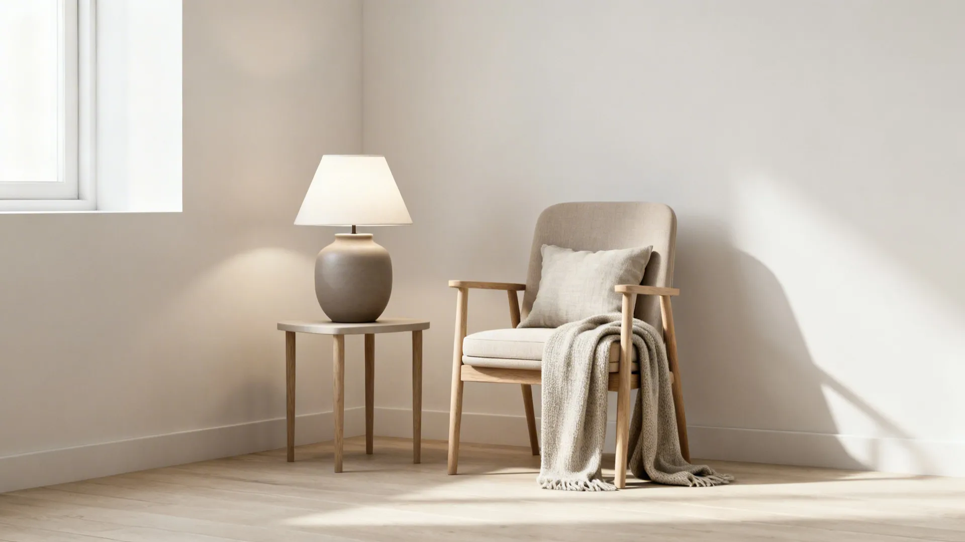 Scandinavian reading nook with a matte ceramic lamp on a small wooden side table