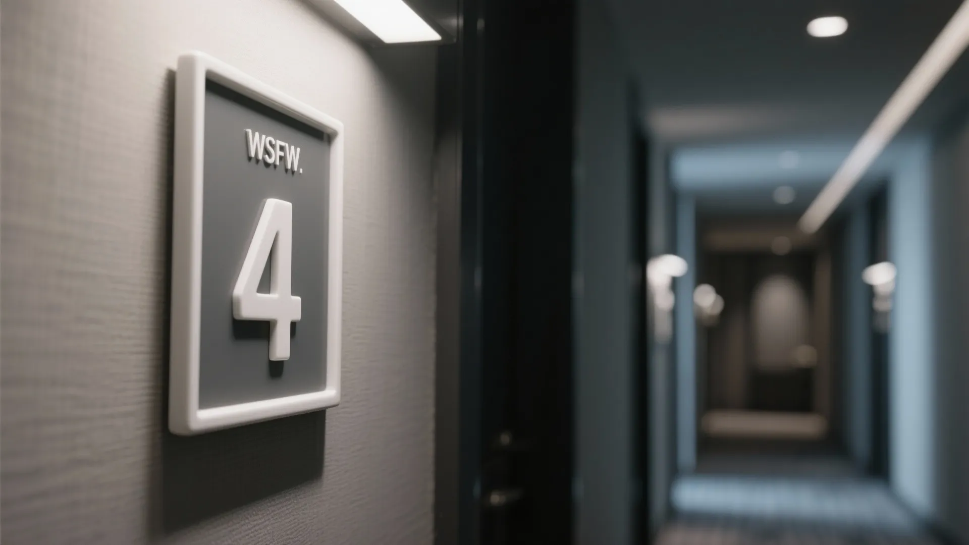 Matte ceramic hotel room plate with minimalist white typography