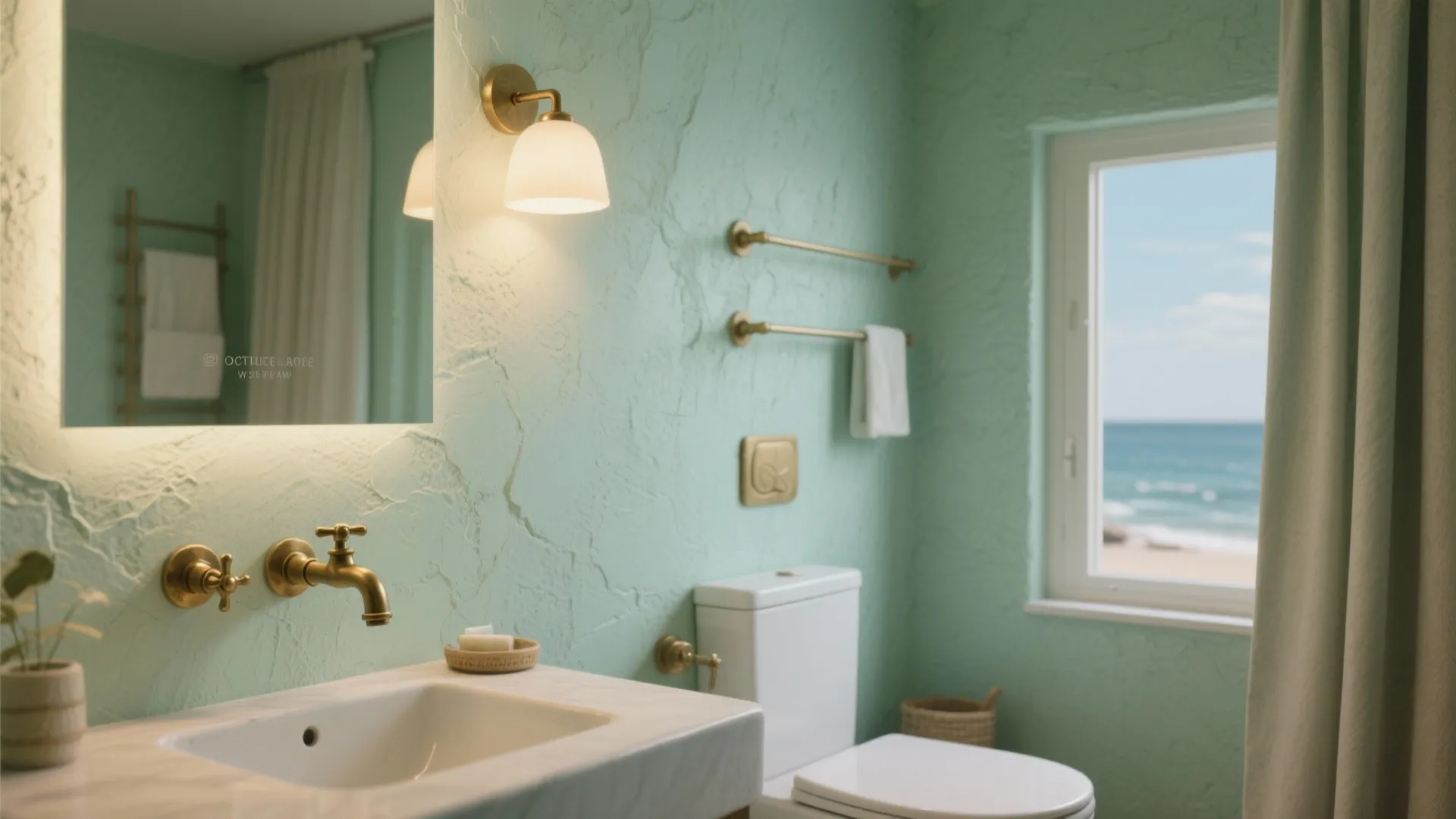2. Matte Mint Plaster and Brass Fixtures