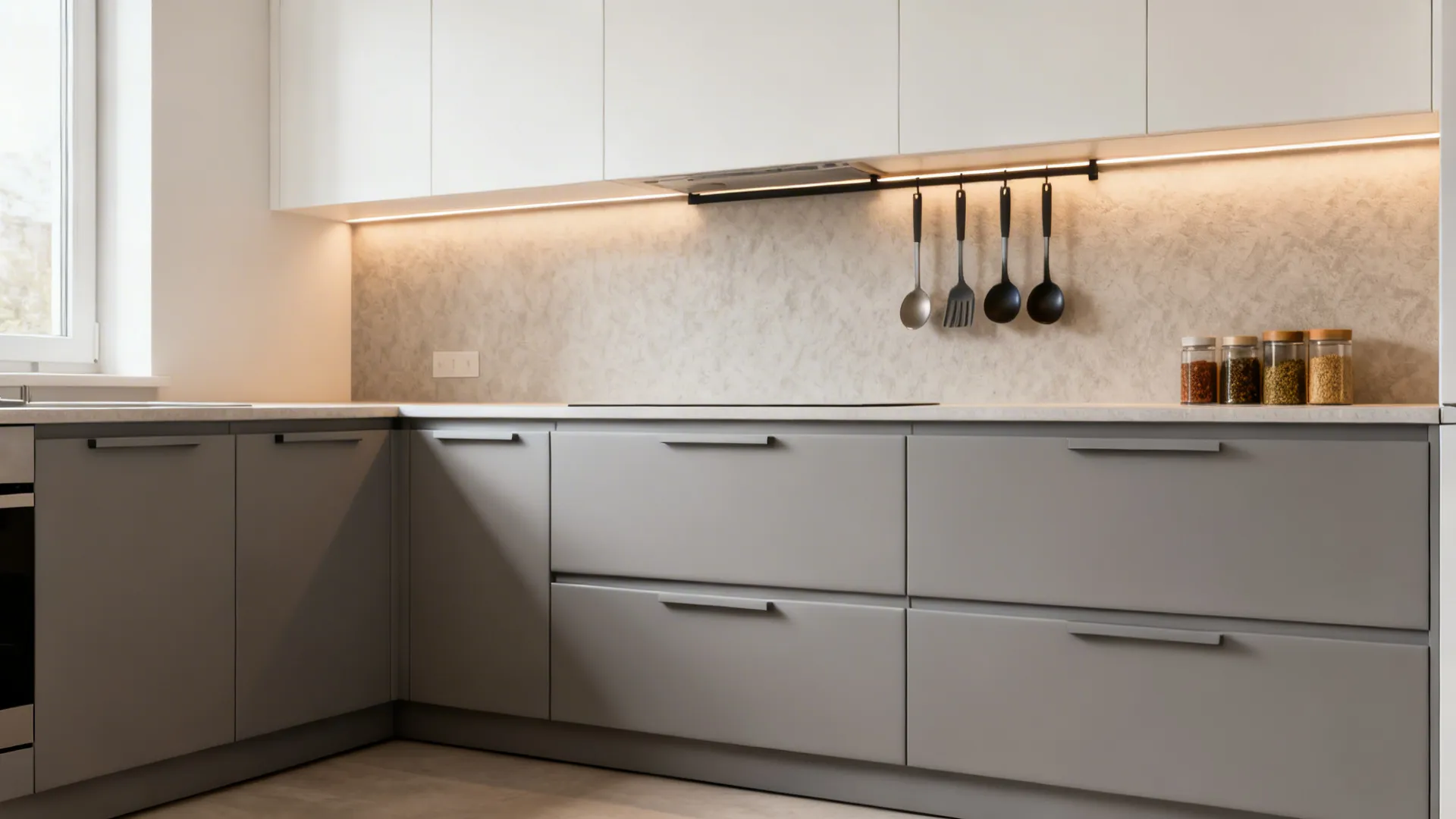 Matte modular kitchen fronts with integrated pulls and a slim rail above a clean backsplash.