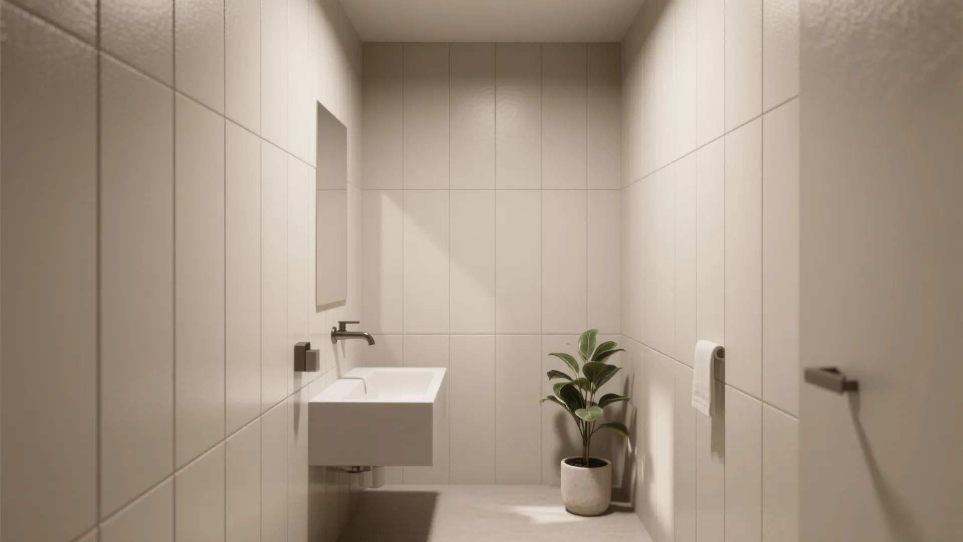 Minimalist bathroom with white wall tiles white sink mirror green potted plant and white towel