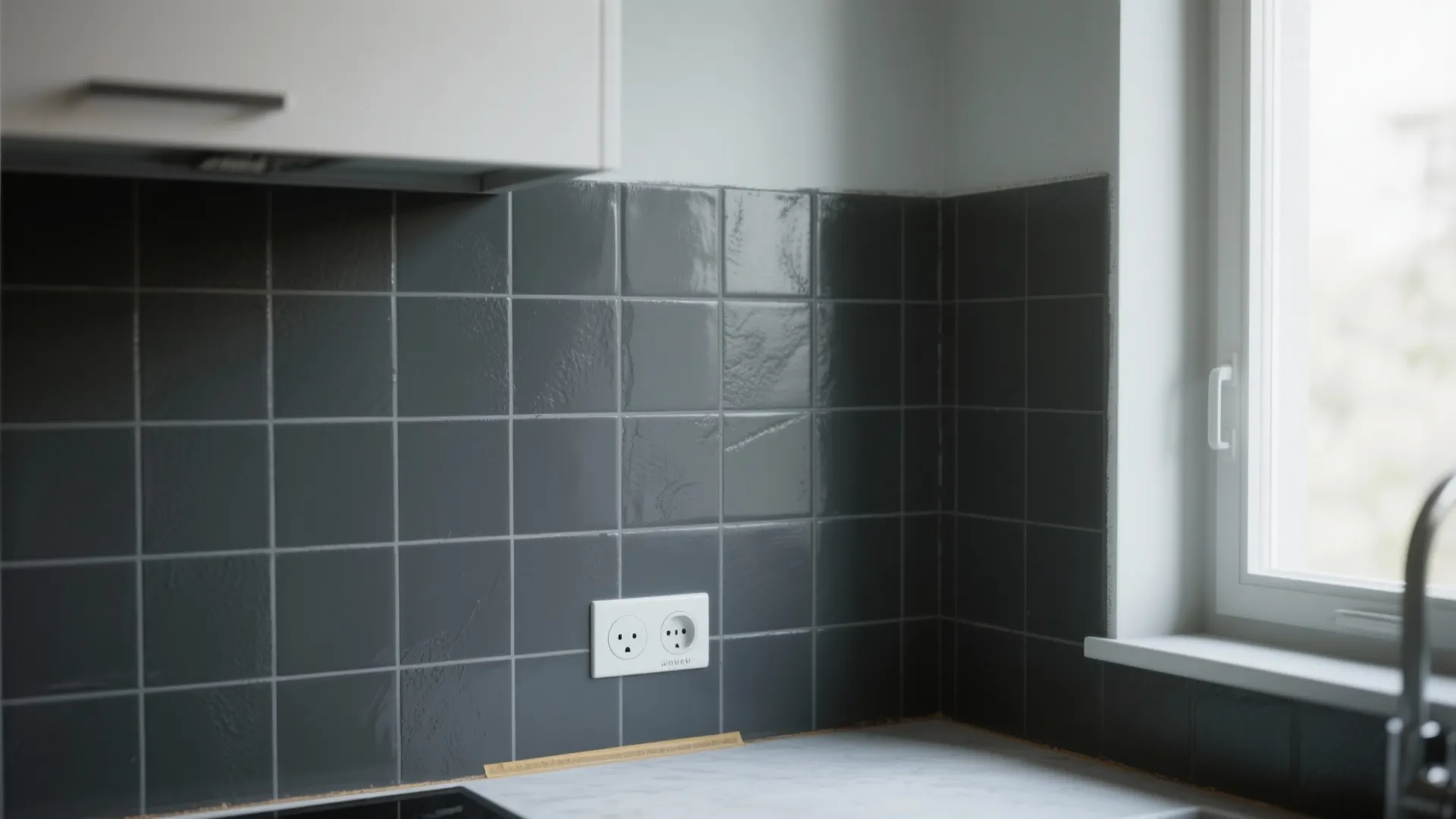 Modern kitchen wall with dark grey square tiles white cabinet marble countertop and large window