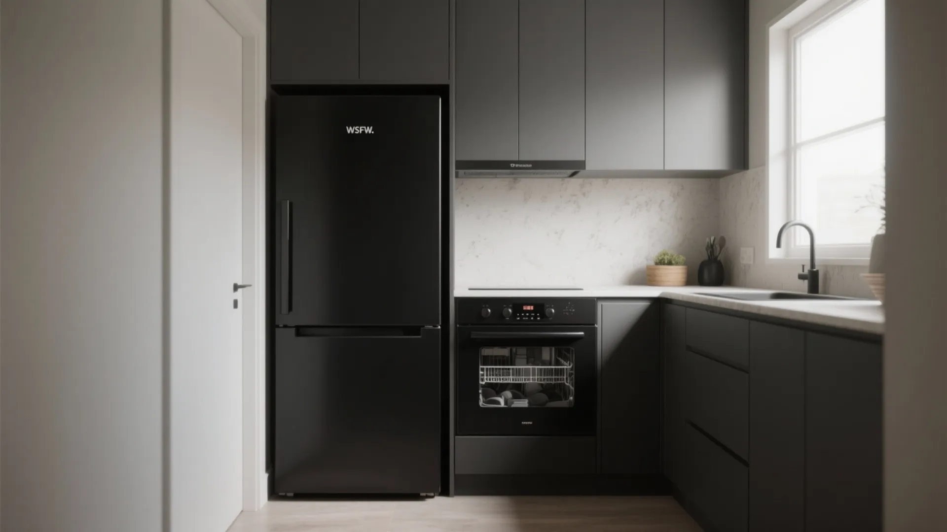 Modern kitchen with black fridge, dark grey cabinets, white countertop, sink, and an oven appliance