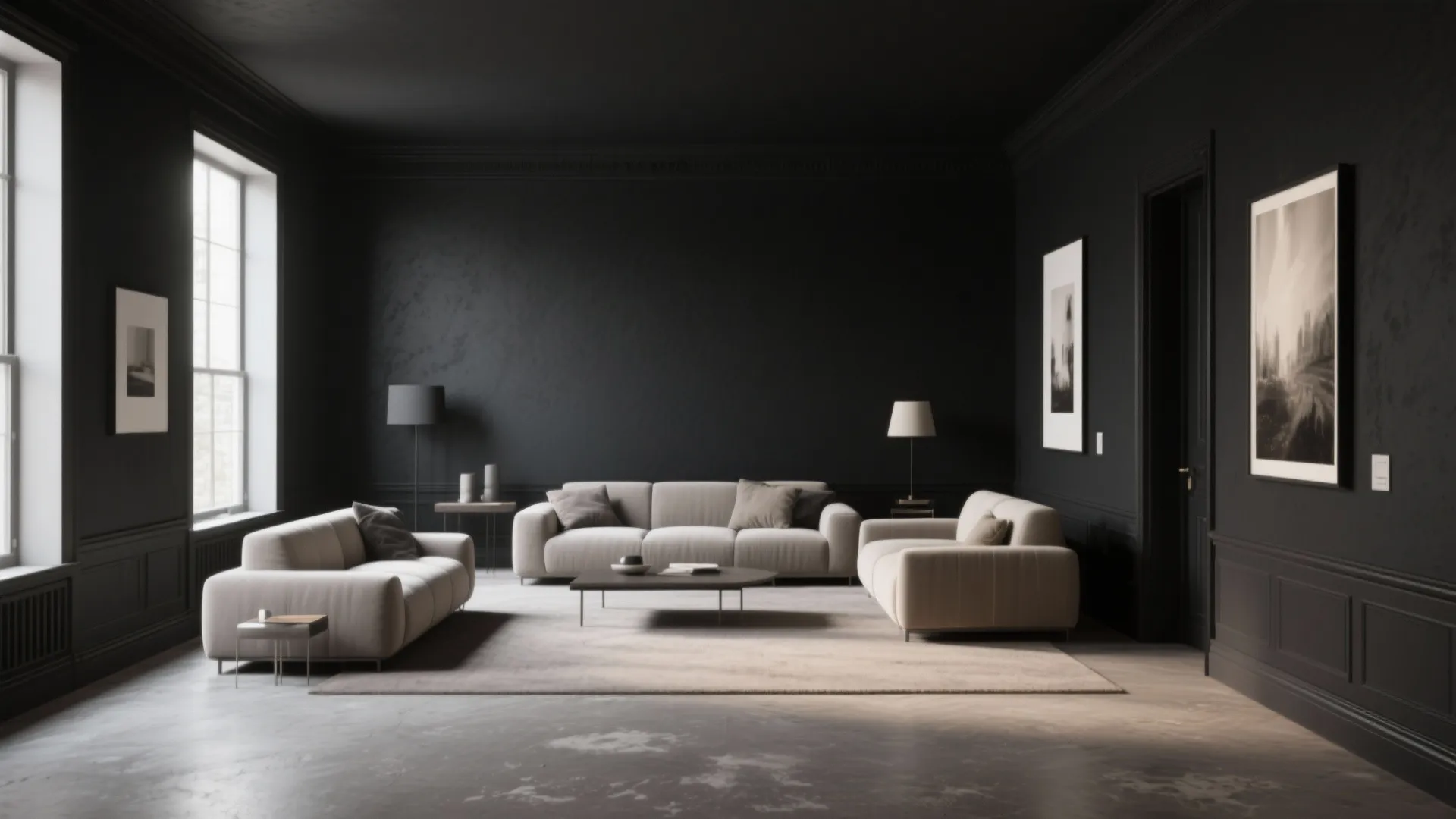 Spacious dark living room featuring three beige sofas coffee table area rug and black wall panels