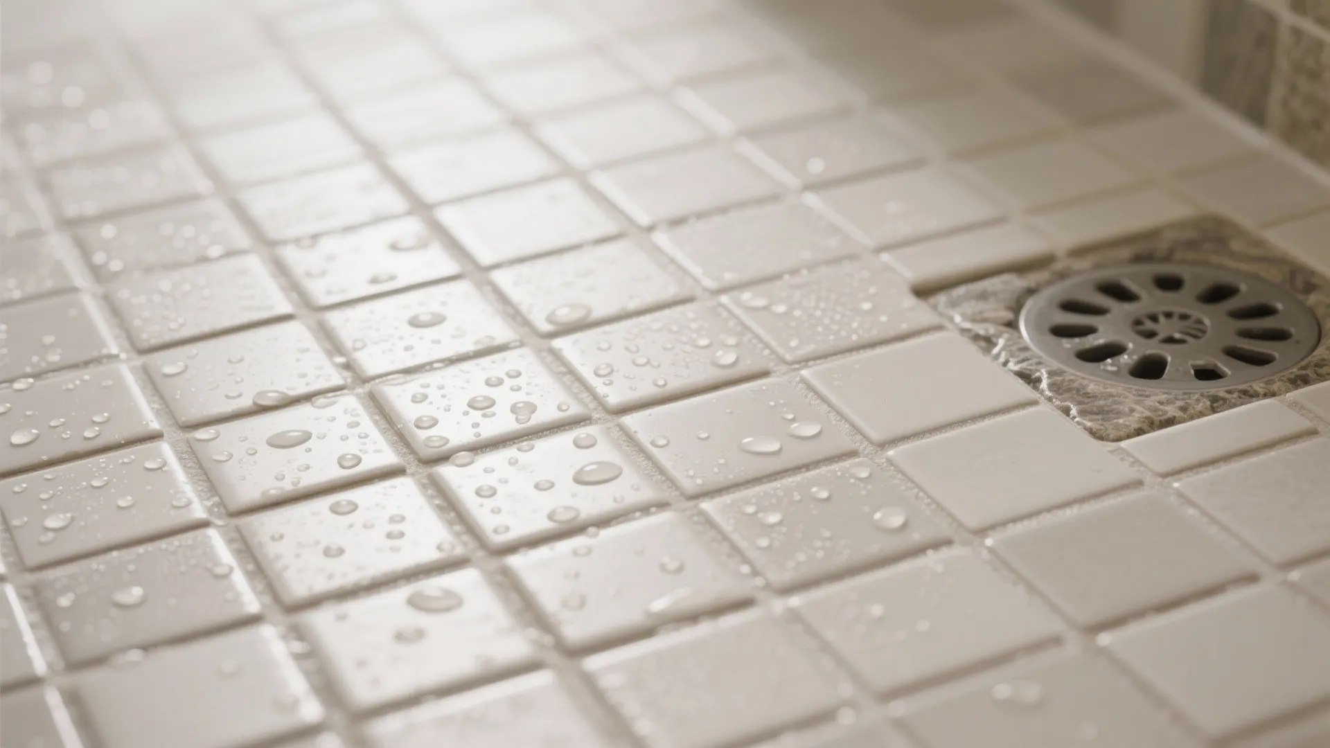 Close-up of small square white floor tiles with water drops near a round metal drain