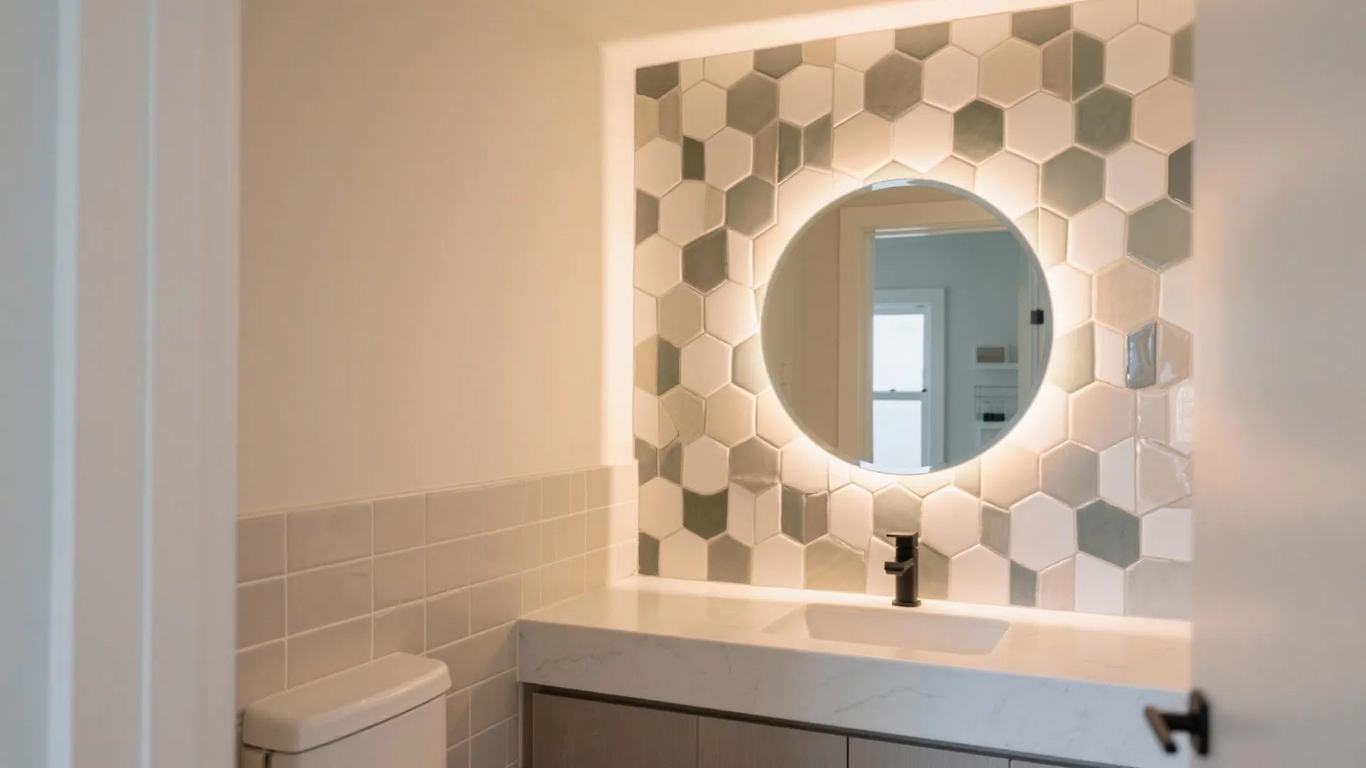 Matte hex mosaic accent wall behind a vanity in a small powder room.