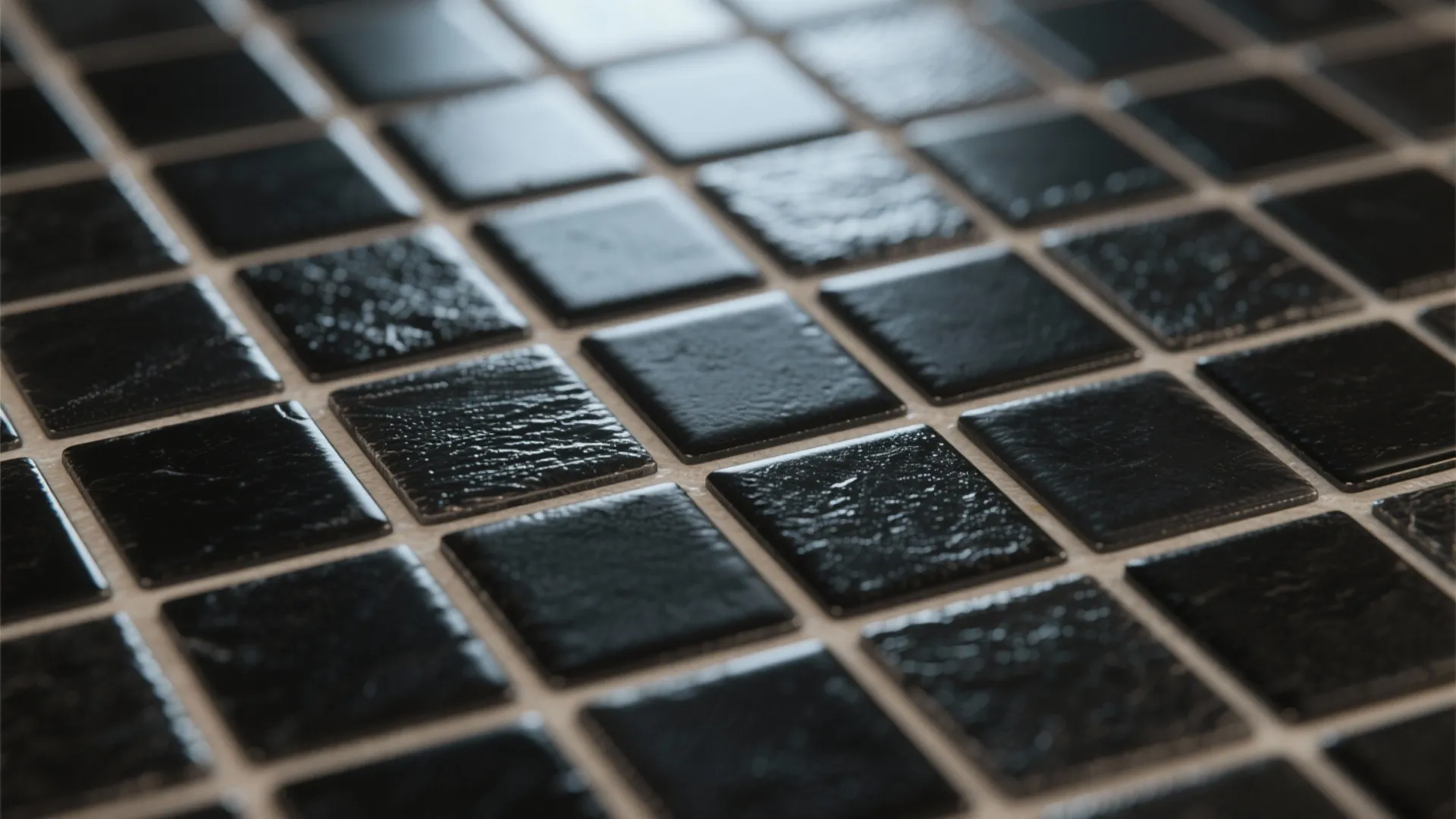 Close up view of small square black wall tiles with white grout in a bathroom