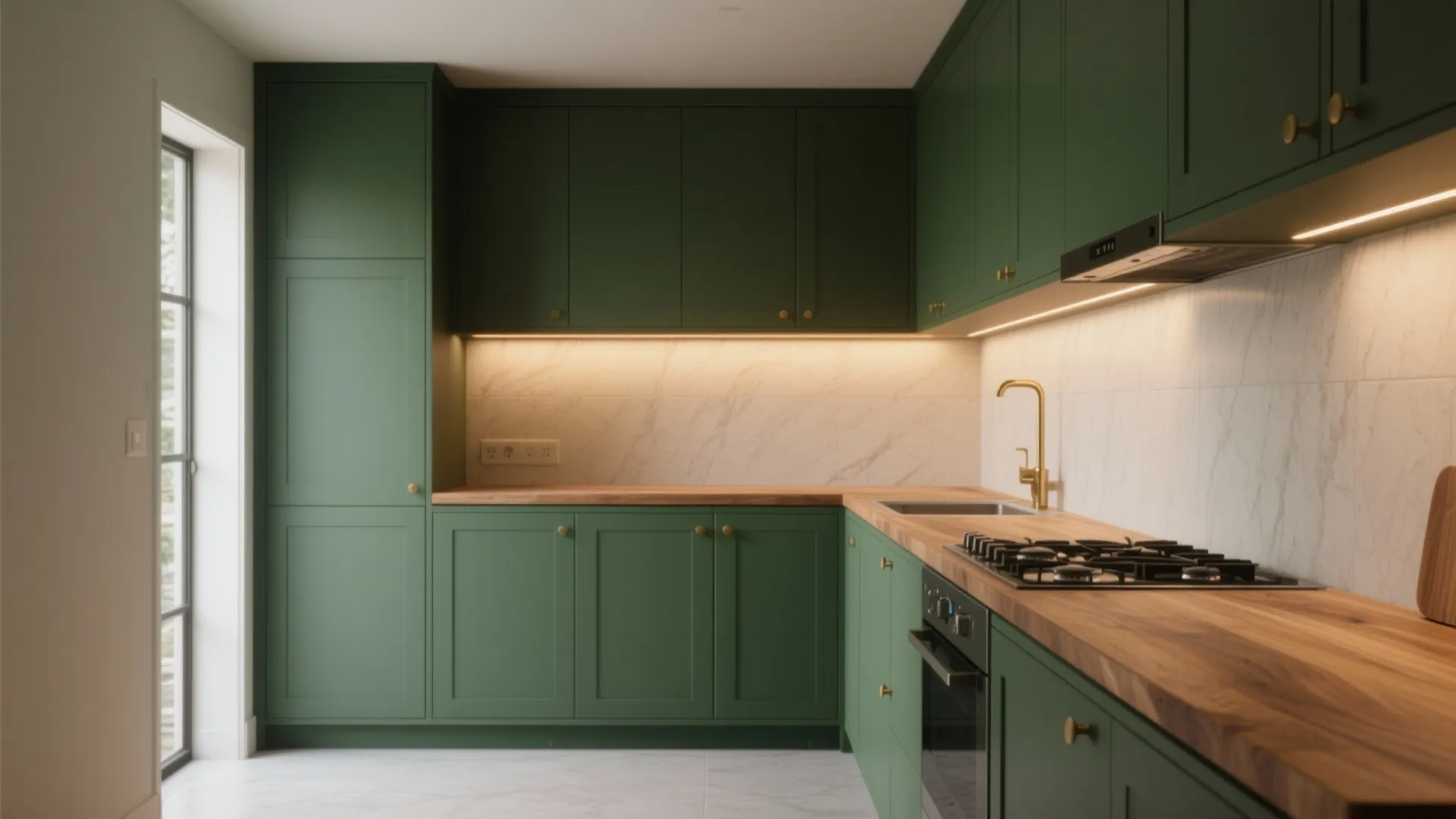 1. Matte moss green with warm wood counters