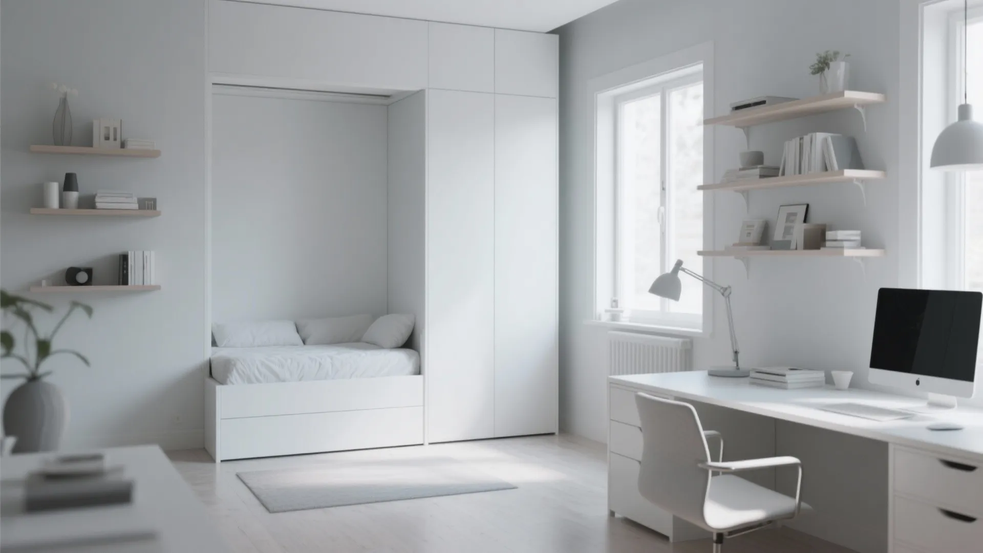 Minimalist matte white Murphy bed blending into wall