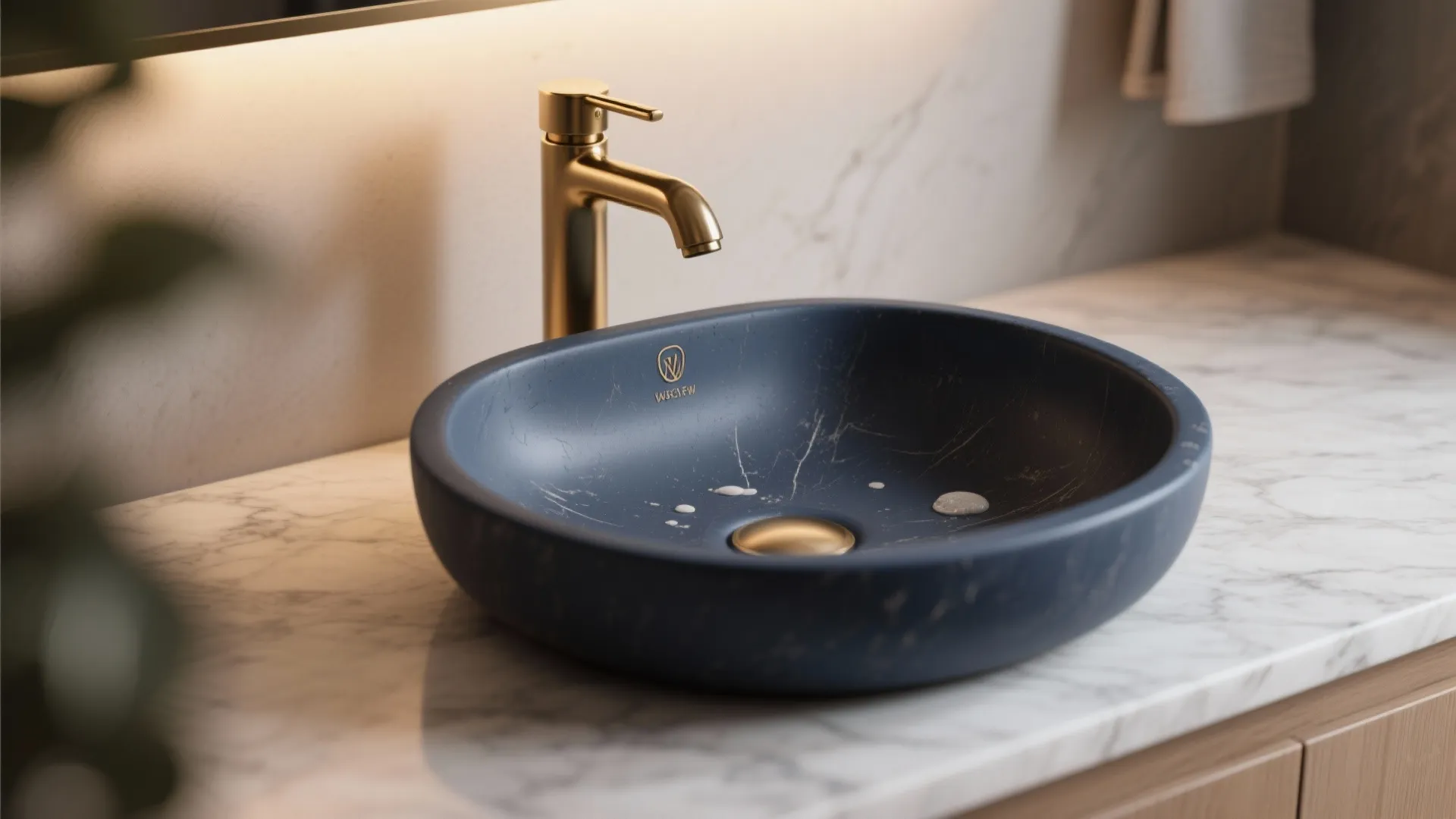 Close-up of a matte navy vessel sink with a brass faucet and marble countertop.