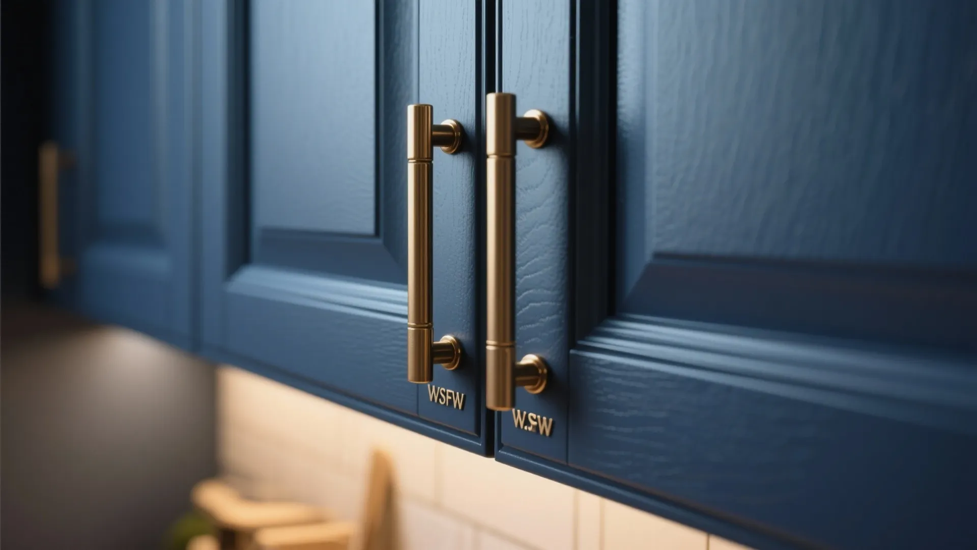 Close-up of matte navy cabinets with brass handles