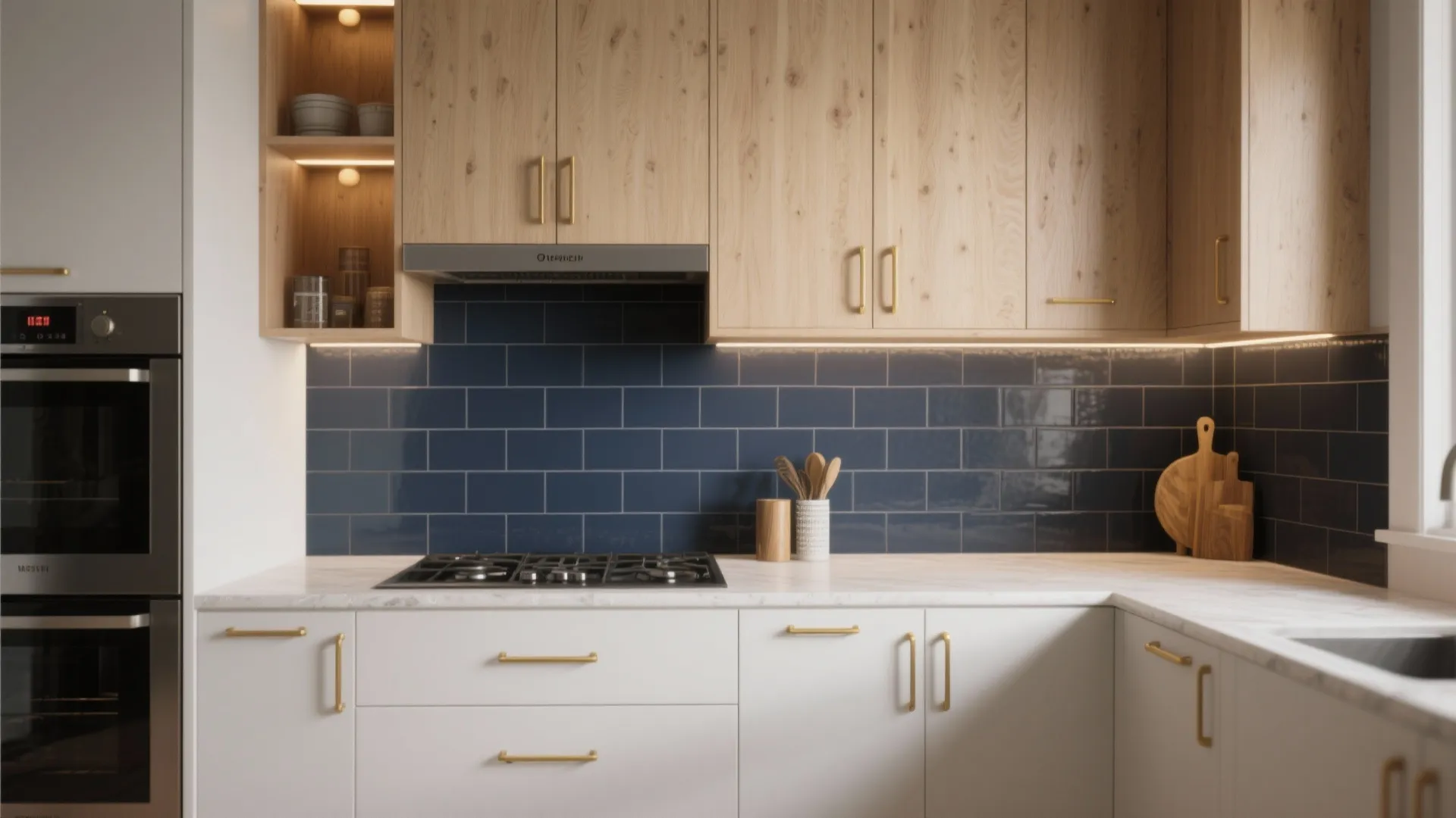 Matte navy backsplash paired with light wood cabinets and brass hardware under warm task lighting.