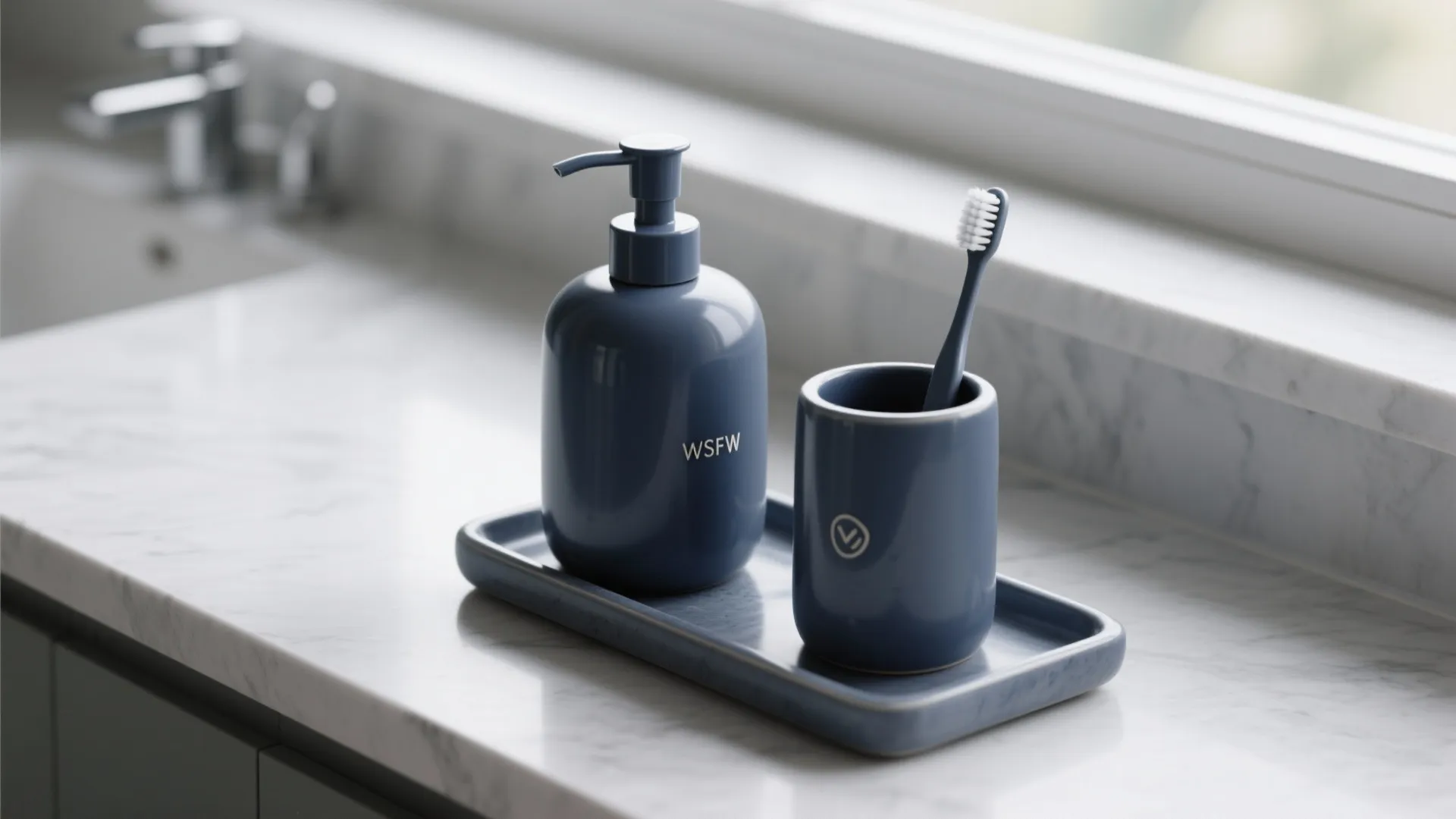 2. Matte navy soap dispensers and toothbrush holders
