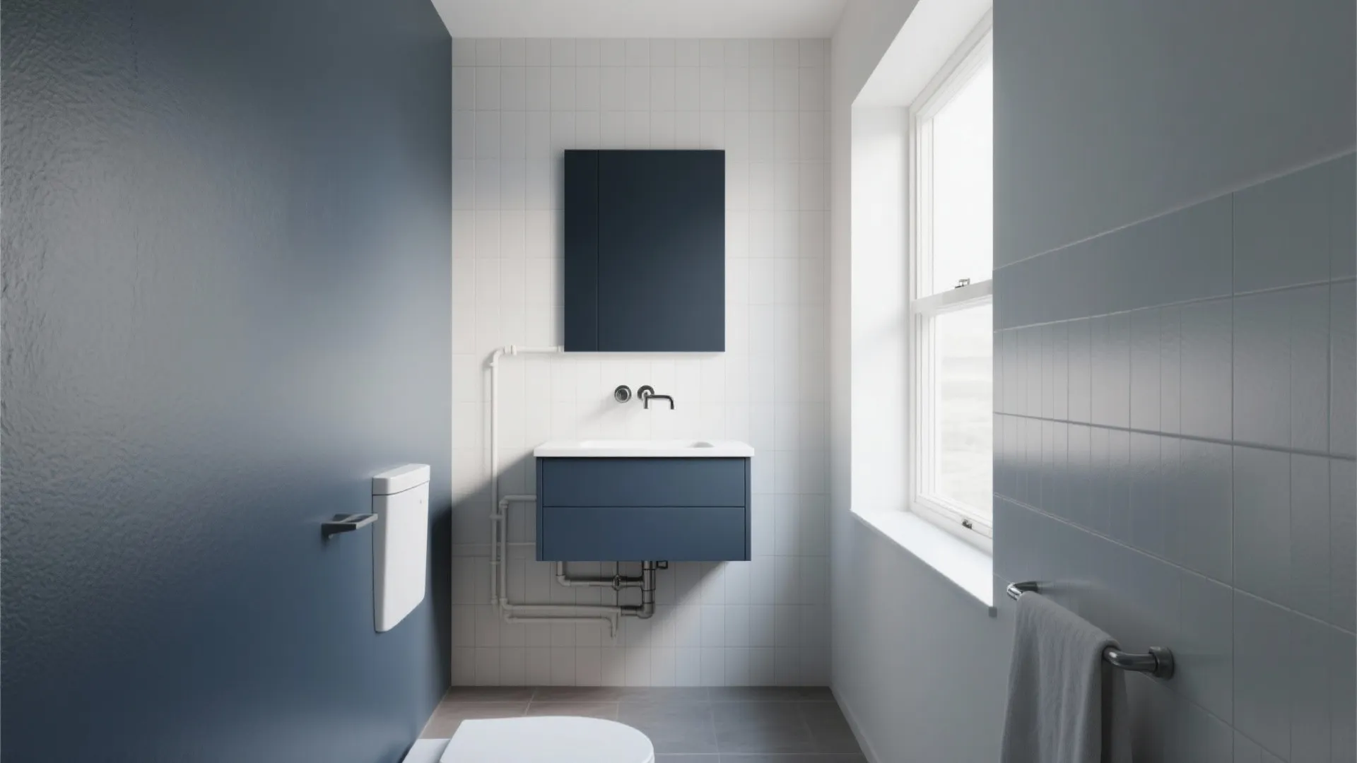 1. Matte navy floating vanity for an airy feel