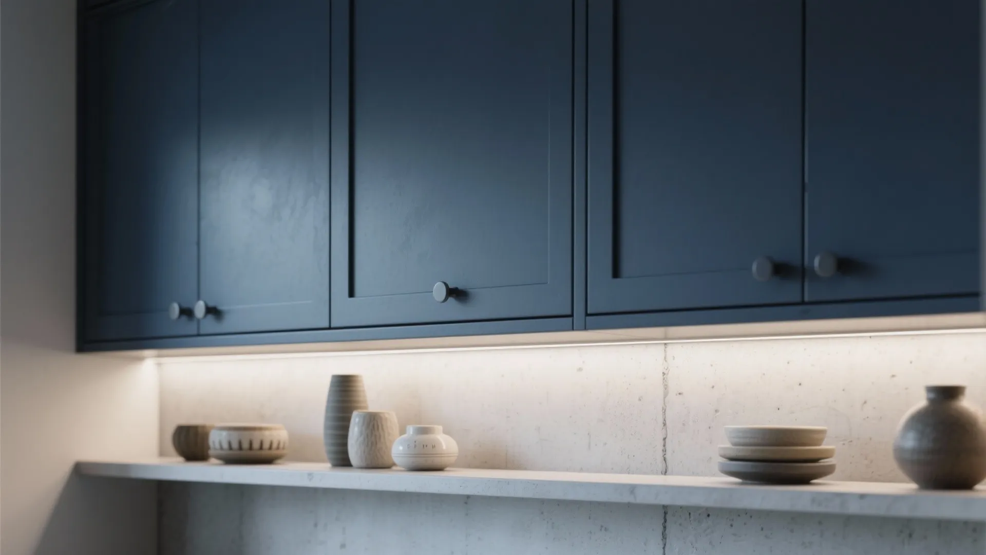 Close up of dark blue kitchen cabinets with round knobs above a shelf with vases