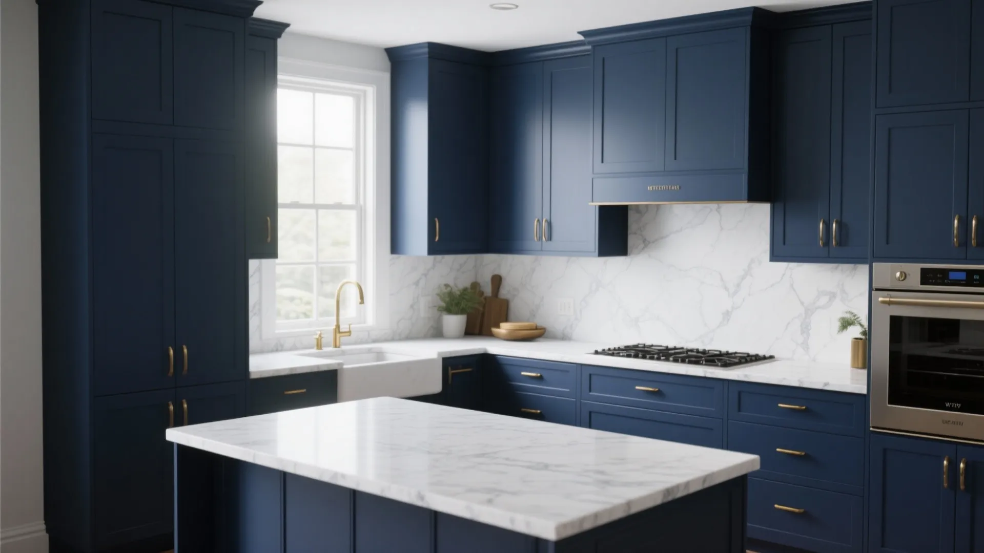 Modern navy blue kitchen with marble island white marble walls gold sink and stainless steel oven
