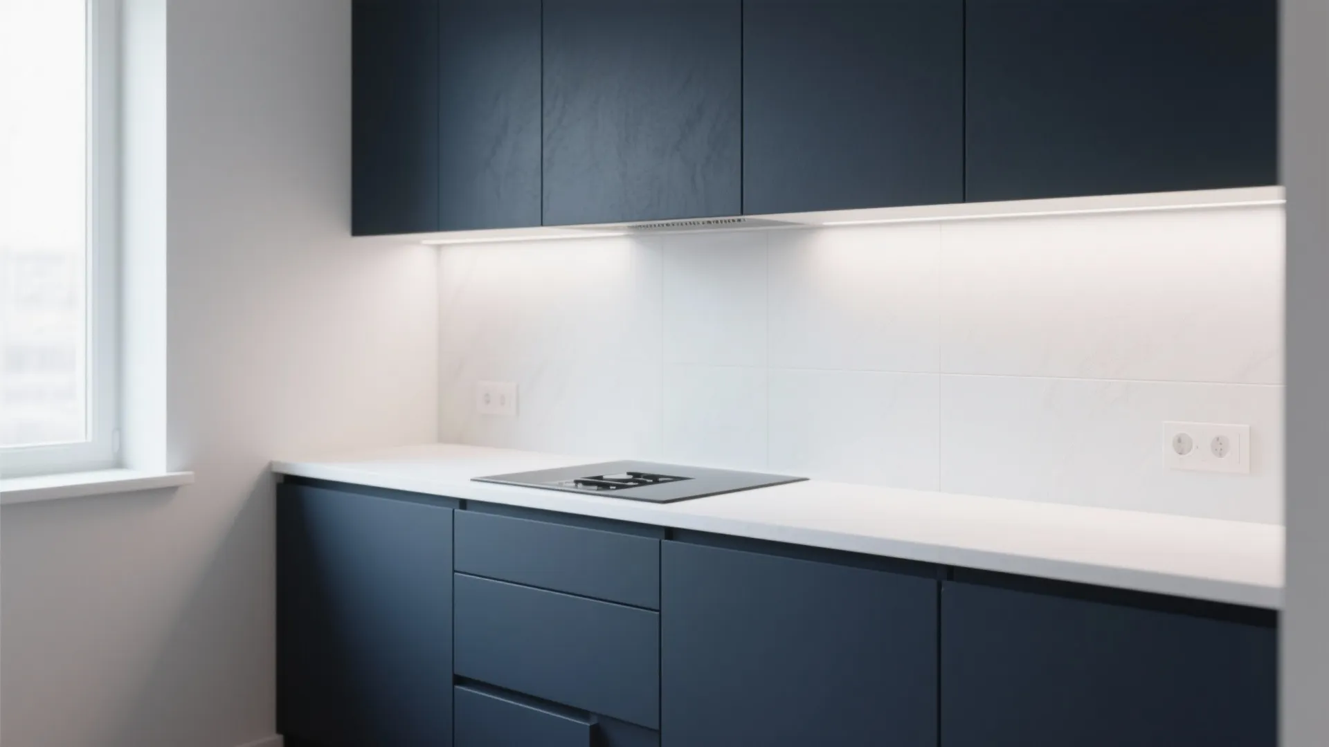 Modern navy blue kitchen cabinets with white countertop, tile backsplash, under-cabinet lighting, and large window