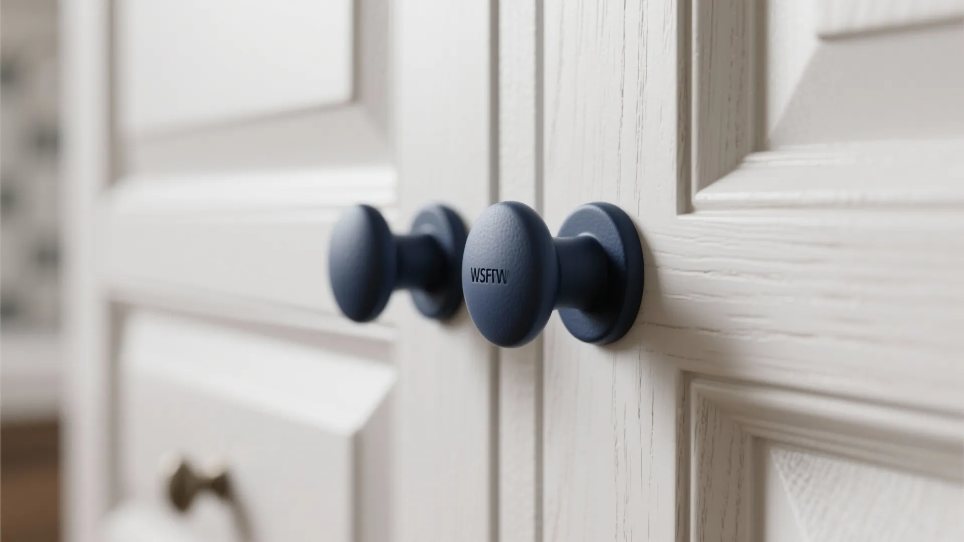 Macro view of matte navy cabinet pulls on white cabinetry showing texture and contrast.