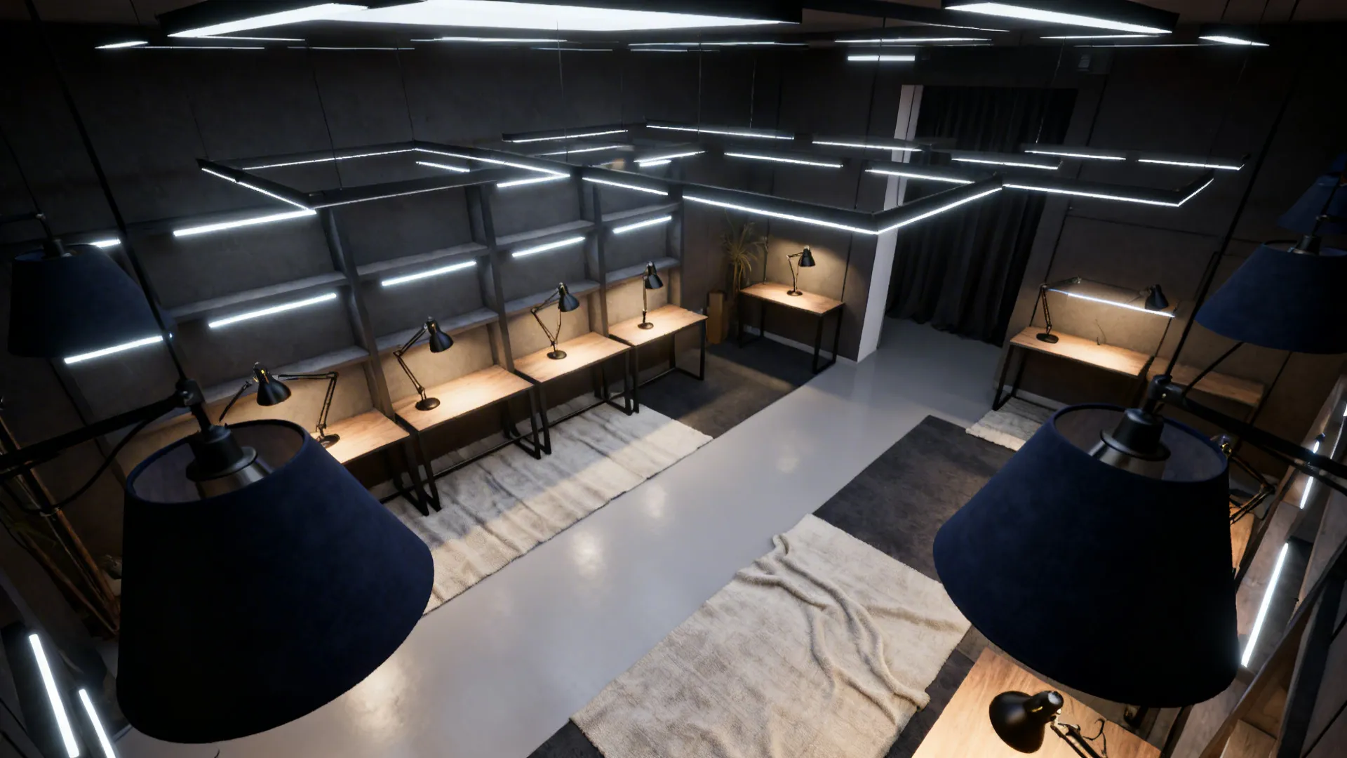 Top-down layout of a studio showing matte navy shades and layered lighting