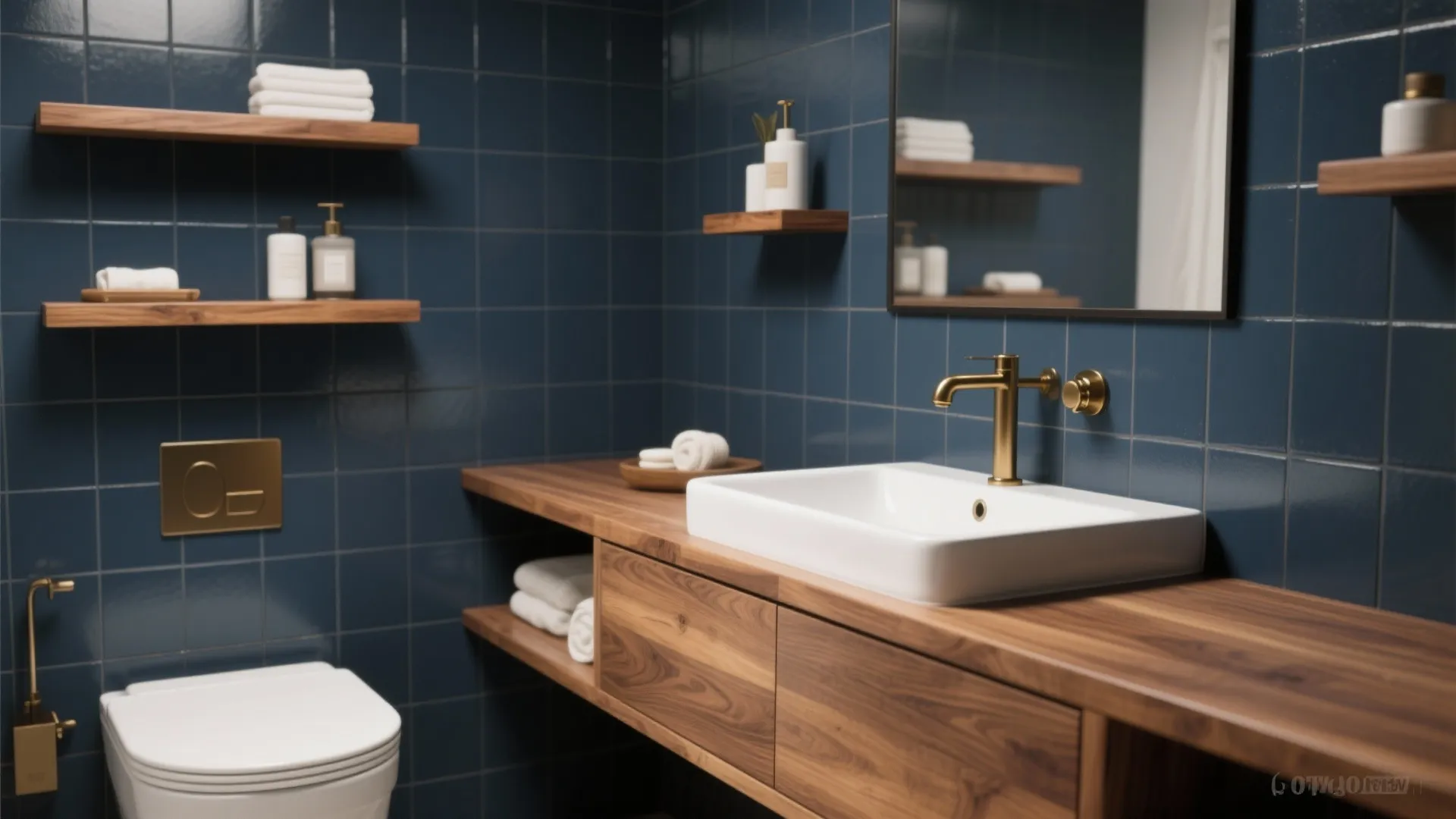 2. Matte Navy Tiles with Warm Wood Accents