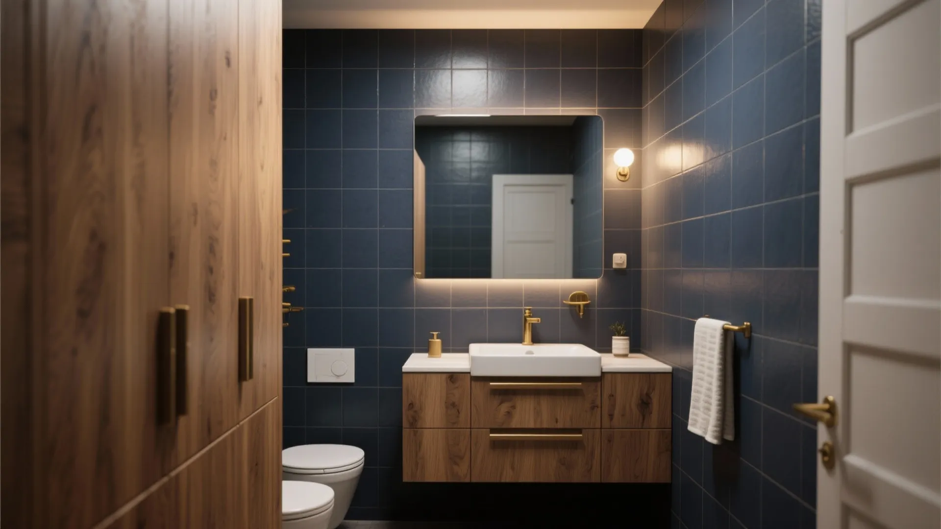 Modern bathroom with blue tiles wooden cabinet white sink large mirror wall light and toilet