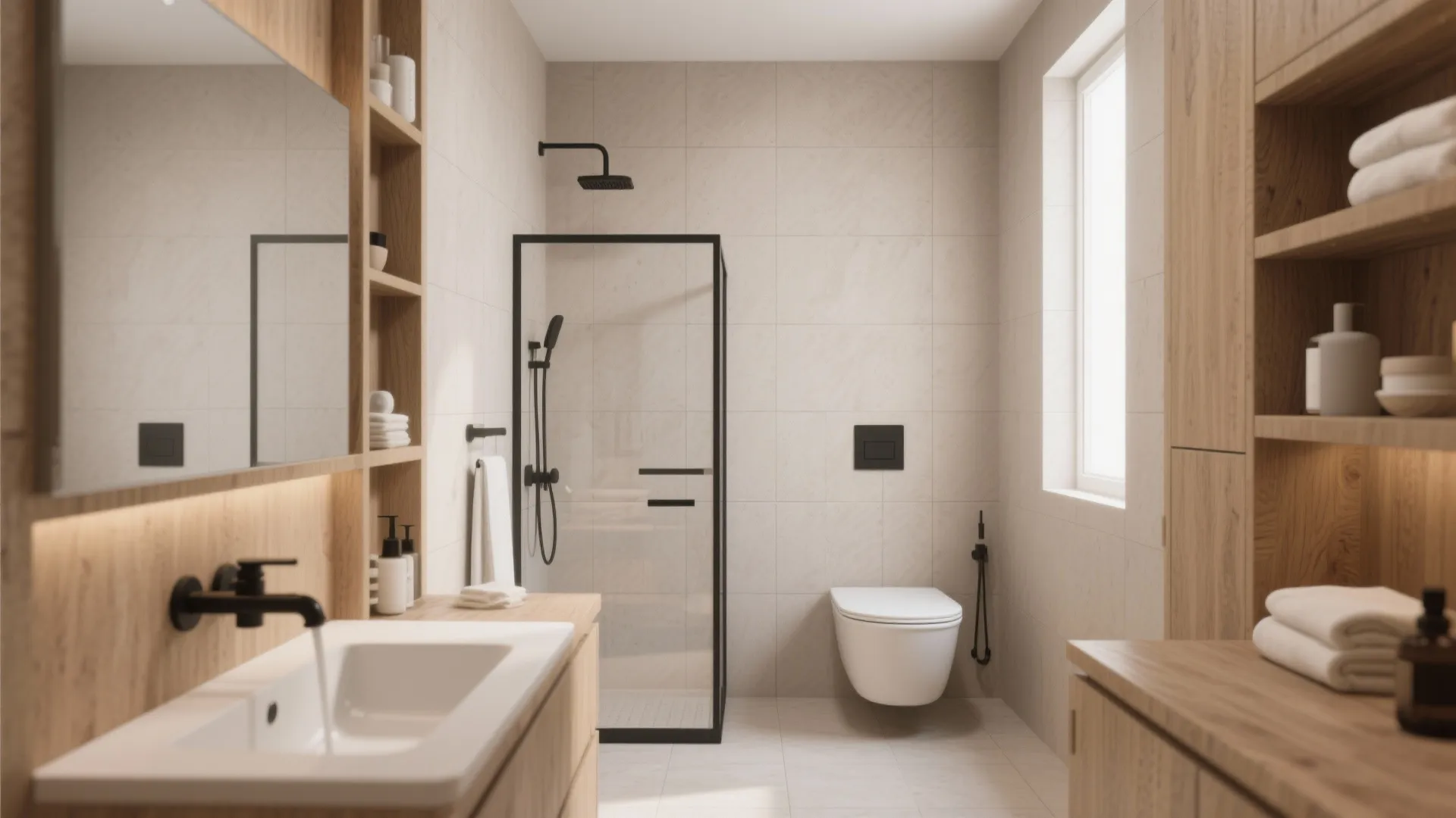 Spa-like bathroom with matte neutral painted tiles and wood accents
