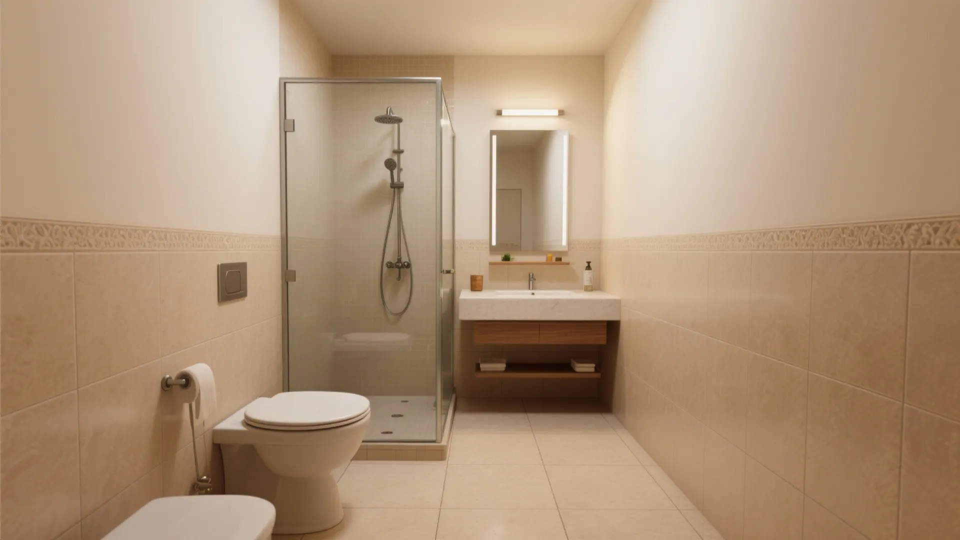 Modern warm bathroom with glass shower door white toilet sink wood cabinet and beige wall tiles
