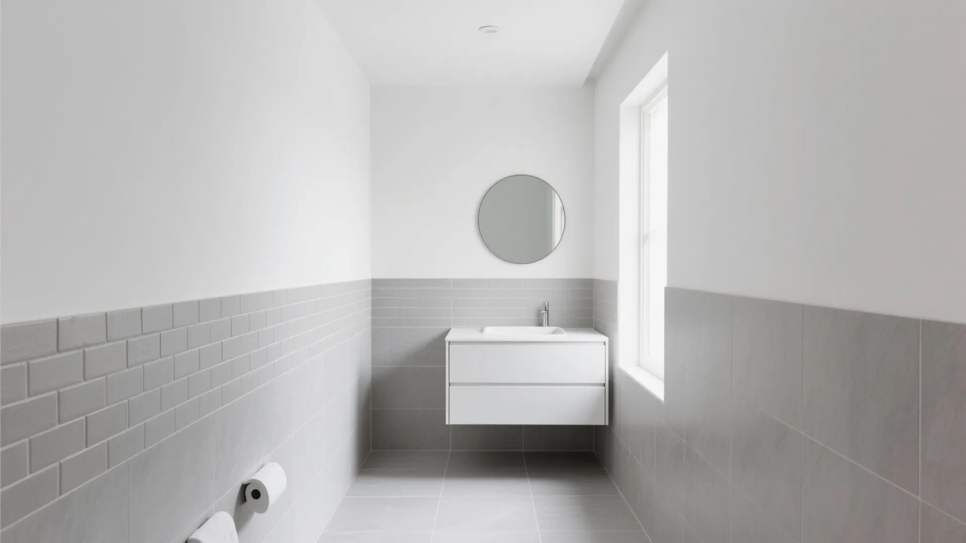 Light gray matte porcelain tiles with minimal grout create a calm small bathroom.