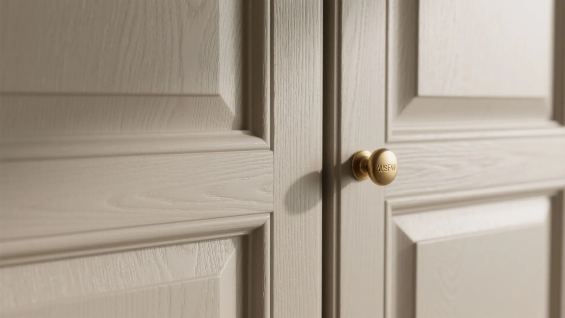 Close-up of a warm greige matte cabinet door with brass knob under soft daylight.
