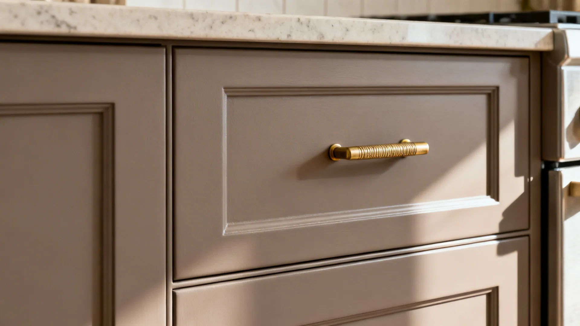 Macro of matte taupe shaker cabinet with brushed brass pull in soft daylight.
