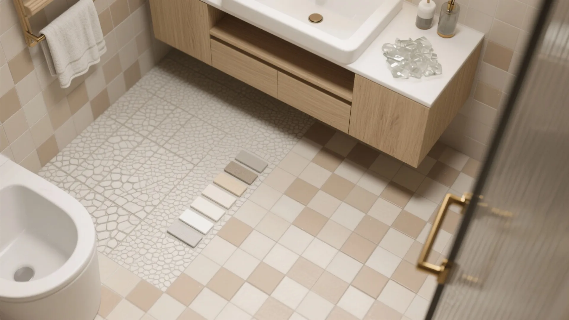 Top view of bathroom showing beige floor tiles wood cabinet white sink and color samples