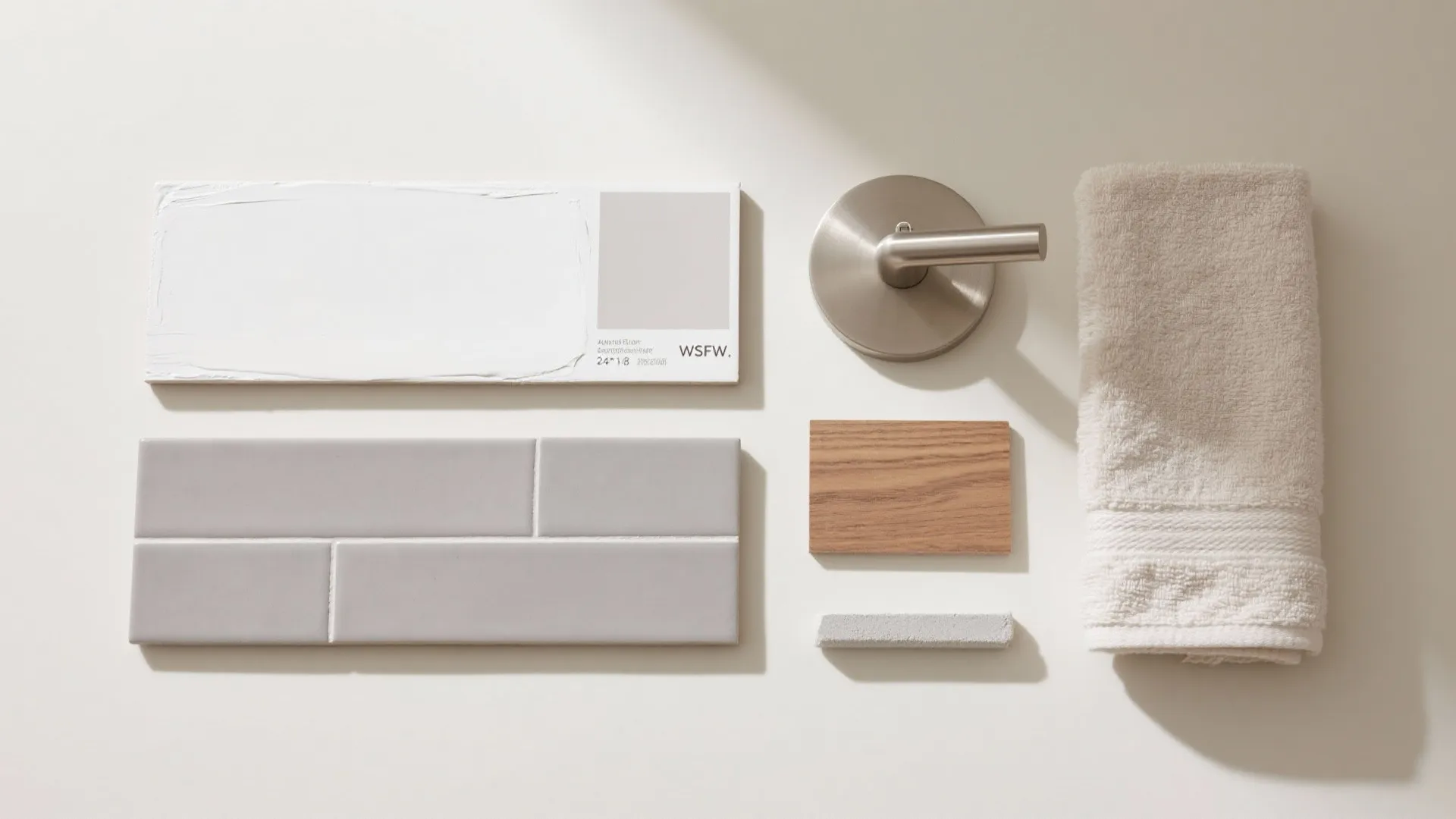Flat lay of light gray matte tile, white paint, nickel hardware, and wood accent samples.