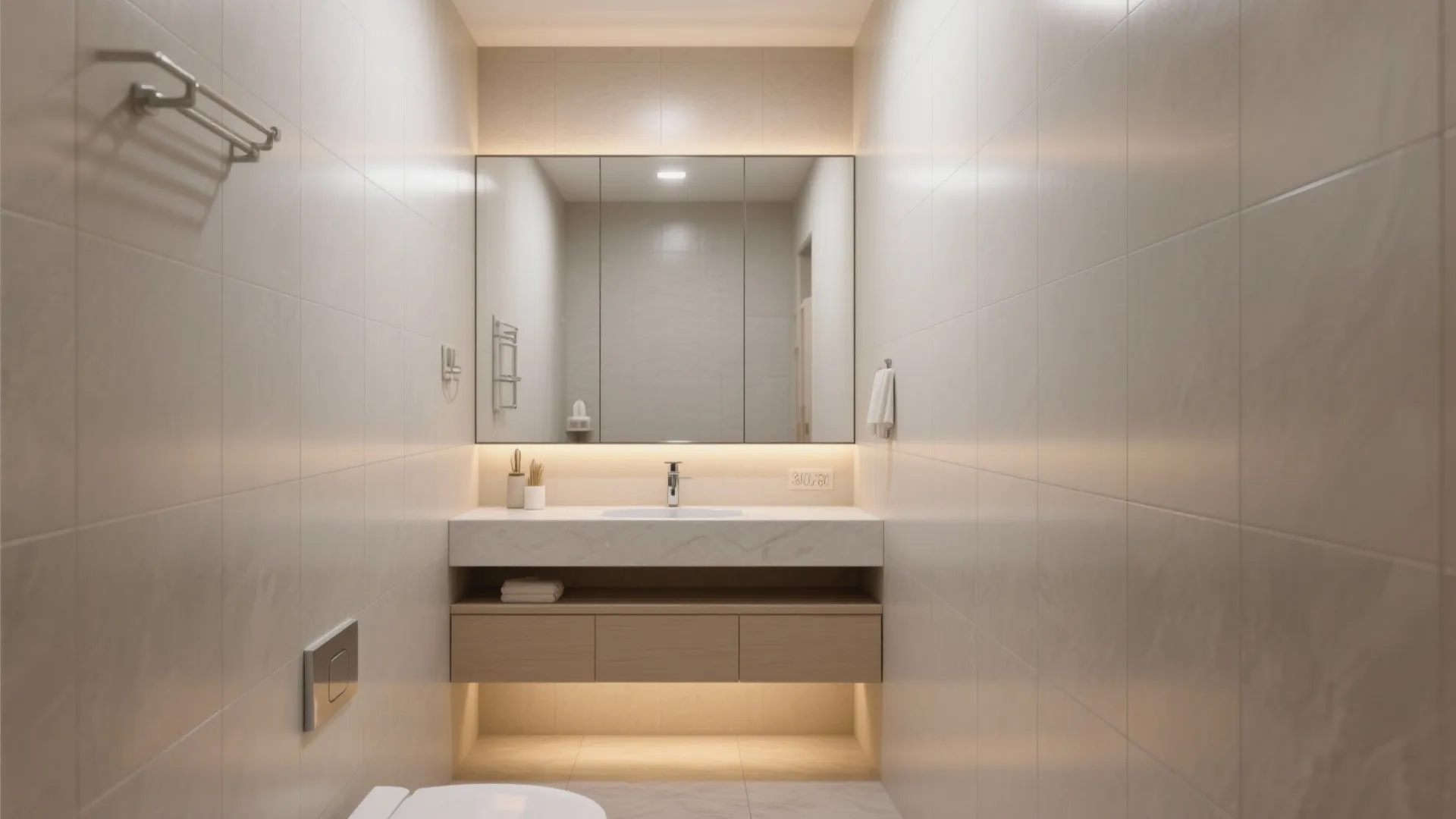 Modern bathroom with beige wall tiles large mirror marble sink wood cabinet and warm lighting