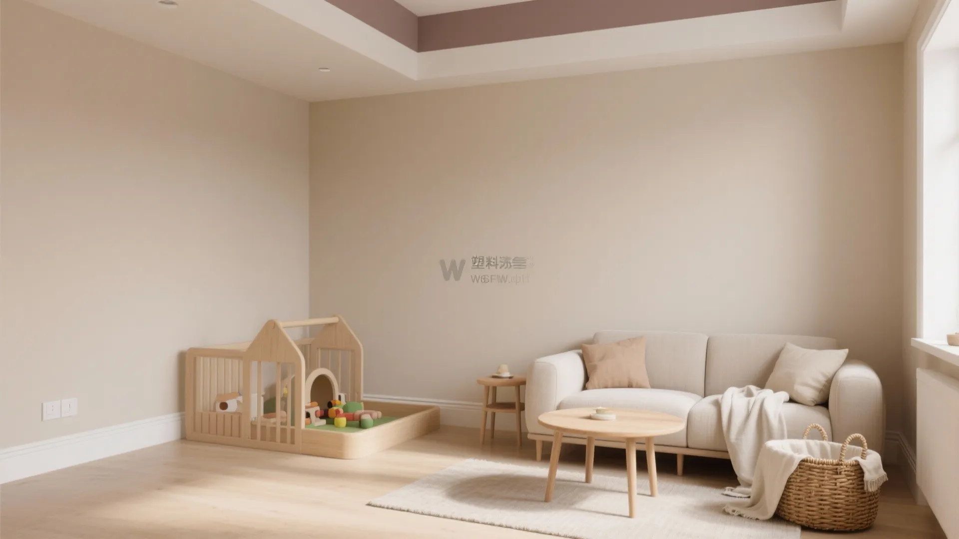 Neutral living room with cream sofa coffee table woven basket and small indoor wood play house