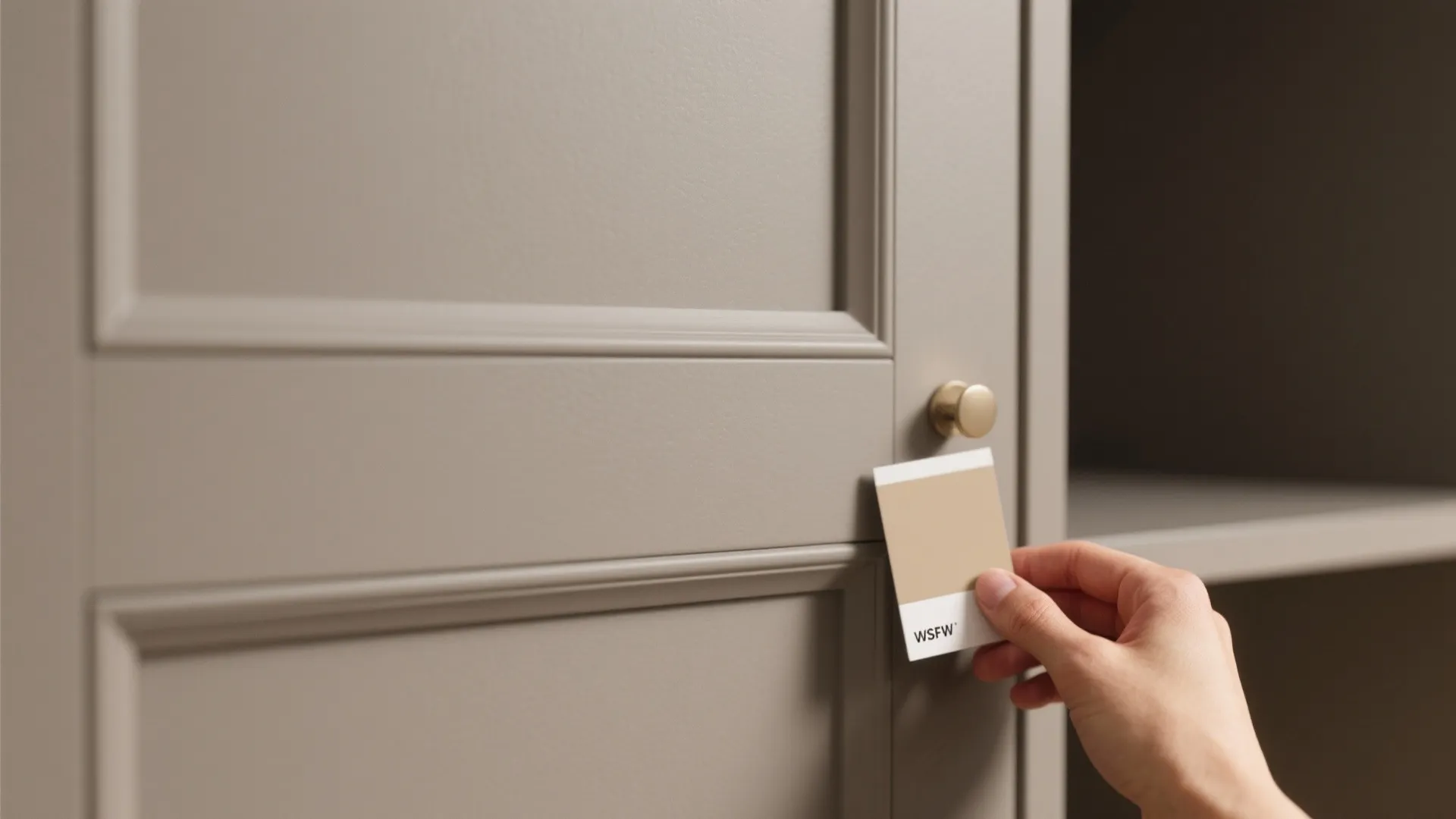 Hand holding a beige color sample against a matte grey cabinet door with gold door handle