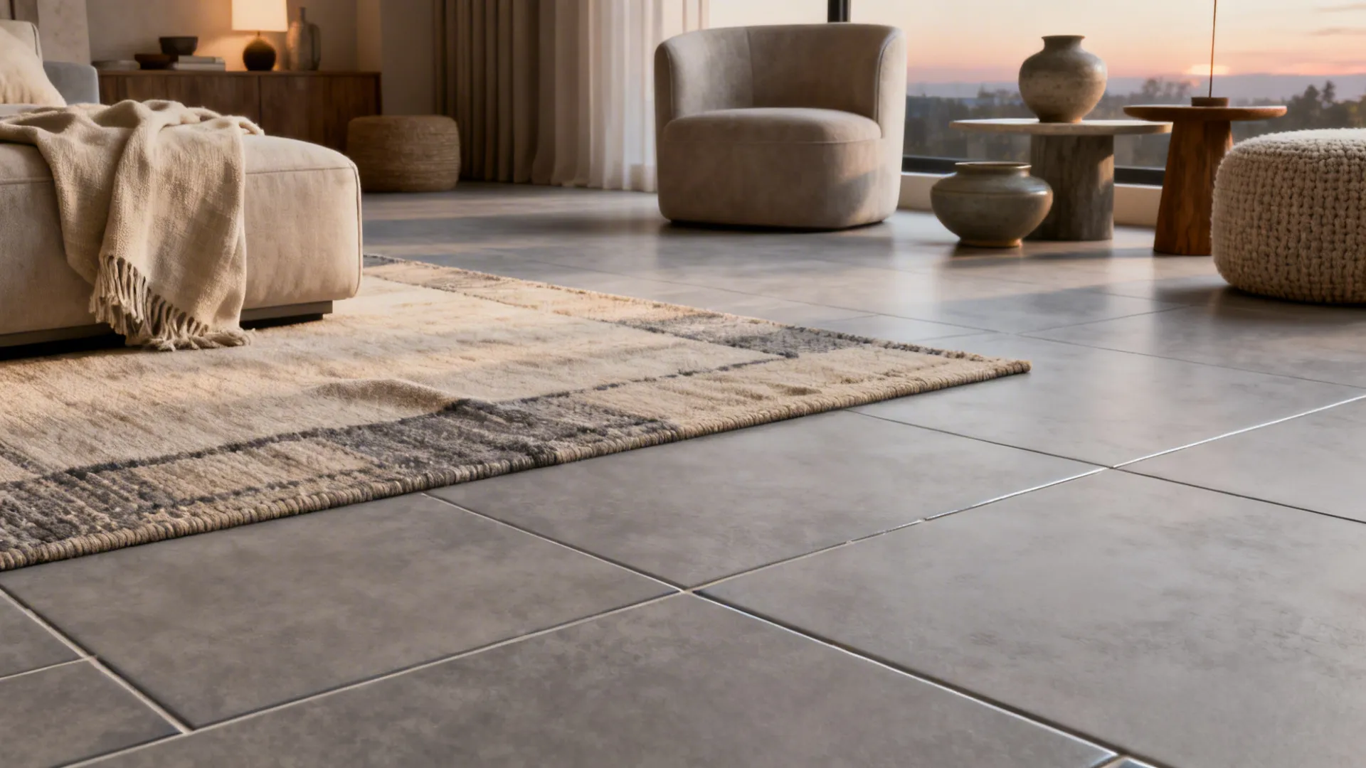 Large grey matte floor tiles in a modern living room with beige sofa and natural light