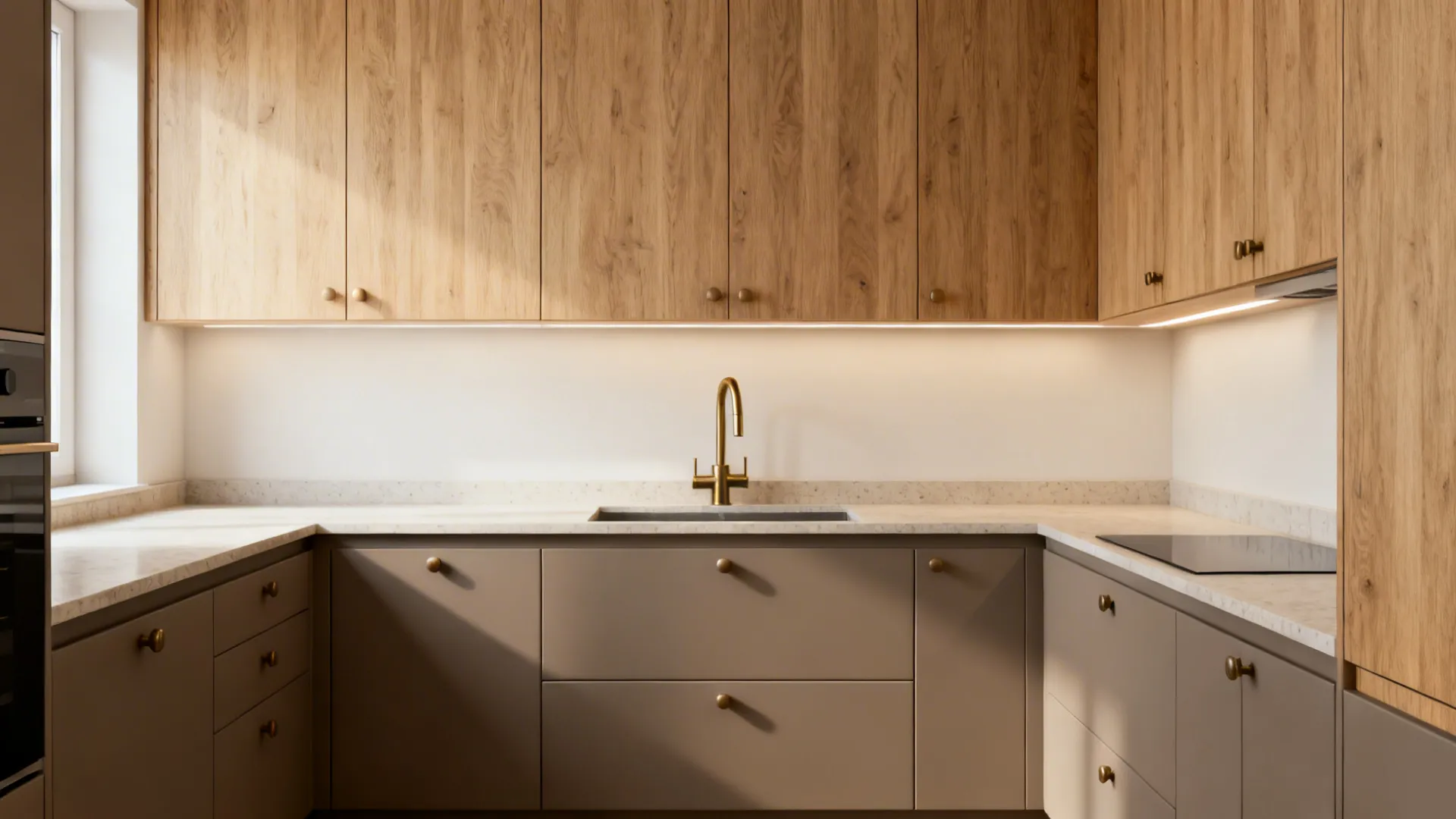 Matte taupe base cabinets with light oak-look tall units and brass hardware in a small kitchen.