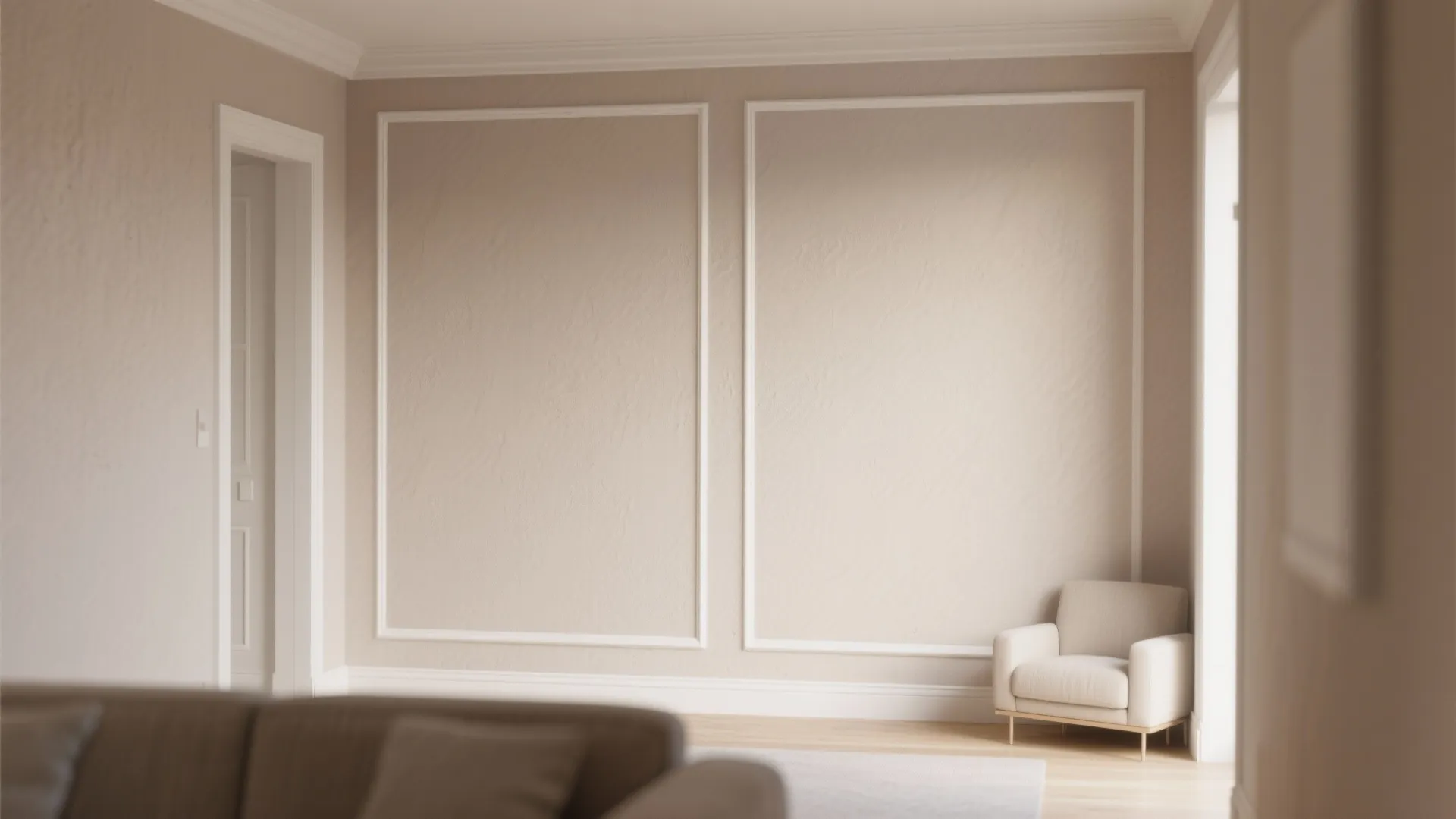 Minimalist room with beige walls white wall panel frames small armchair and light wood flooring design