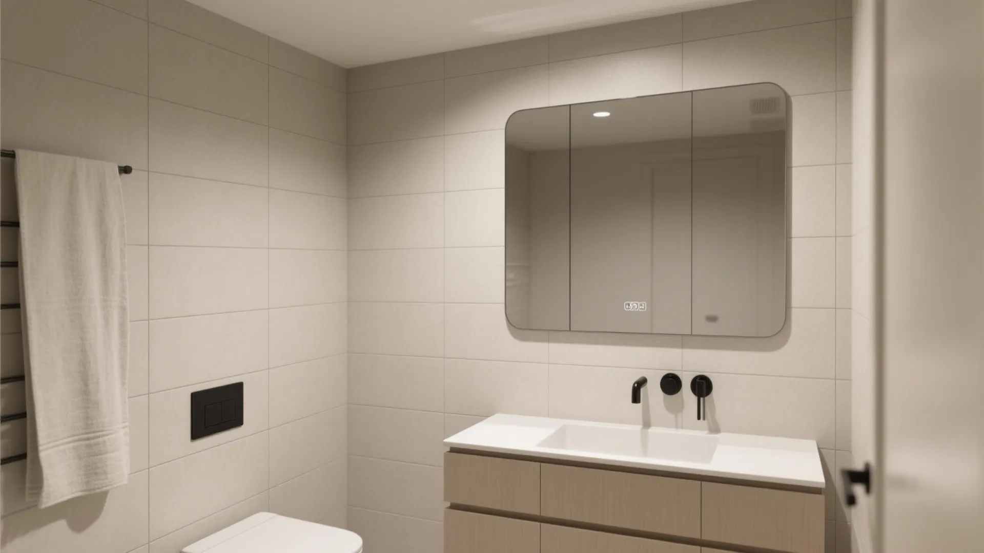 Modern bathroom vanity featuring light wood cabinet with white sink and square mirror over wall