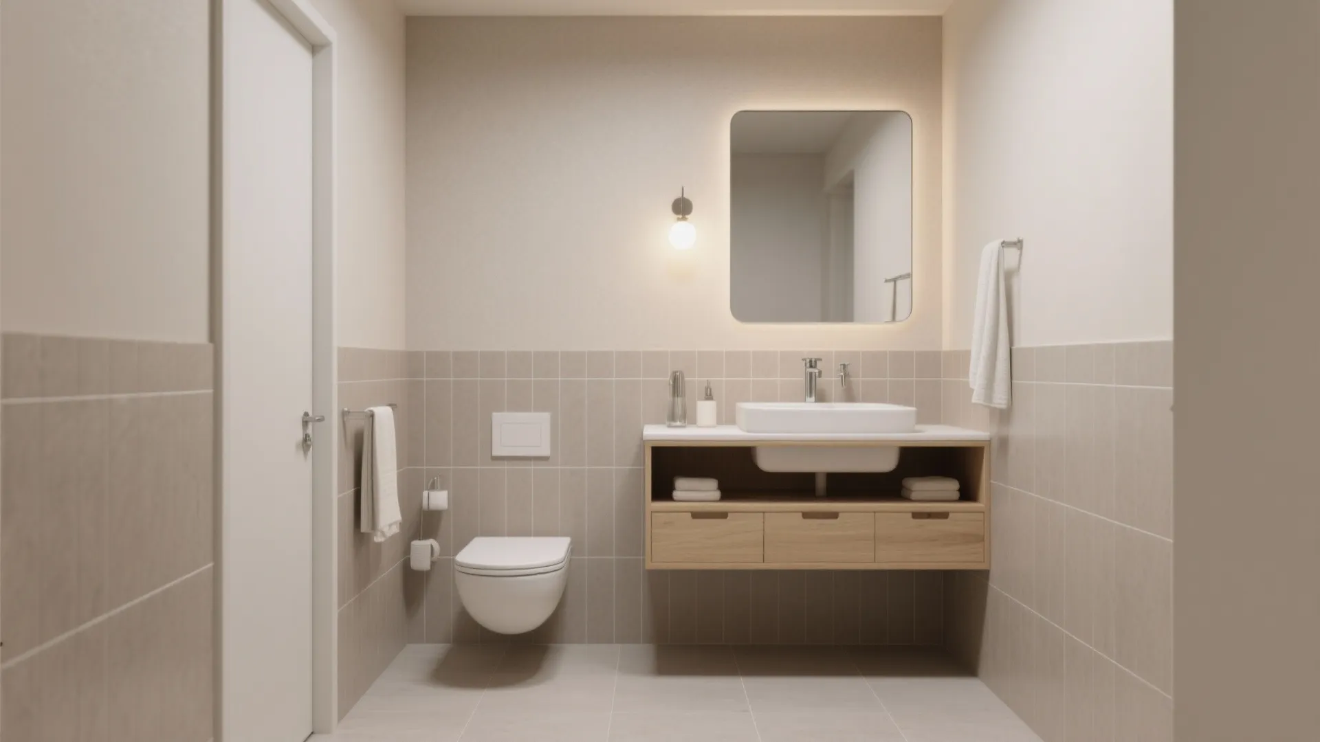 Minimalist bathroom with beige tiles, wooden cabinet, white sink, wall toilet, backlit mirror, and light