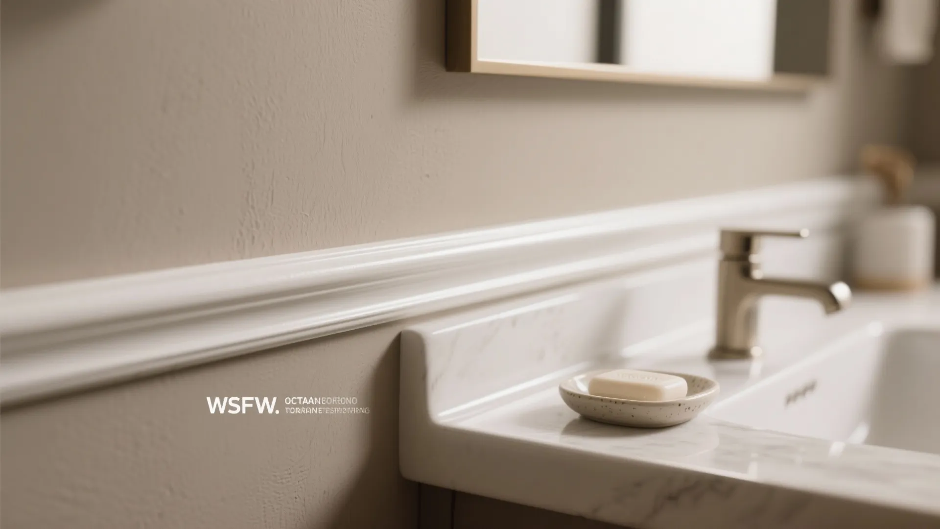 Modern bathroom sink detail with white marble counter soap dish metal faucet and wall panel