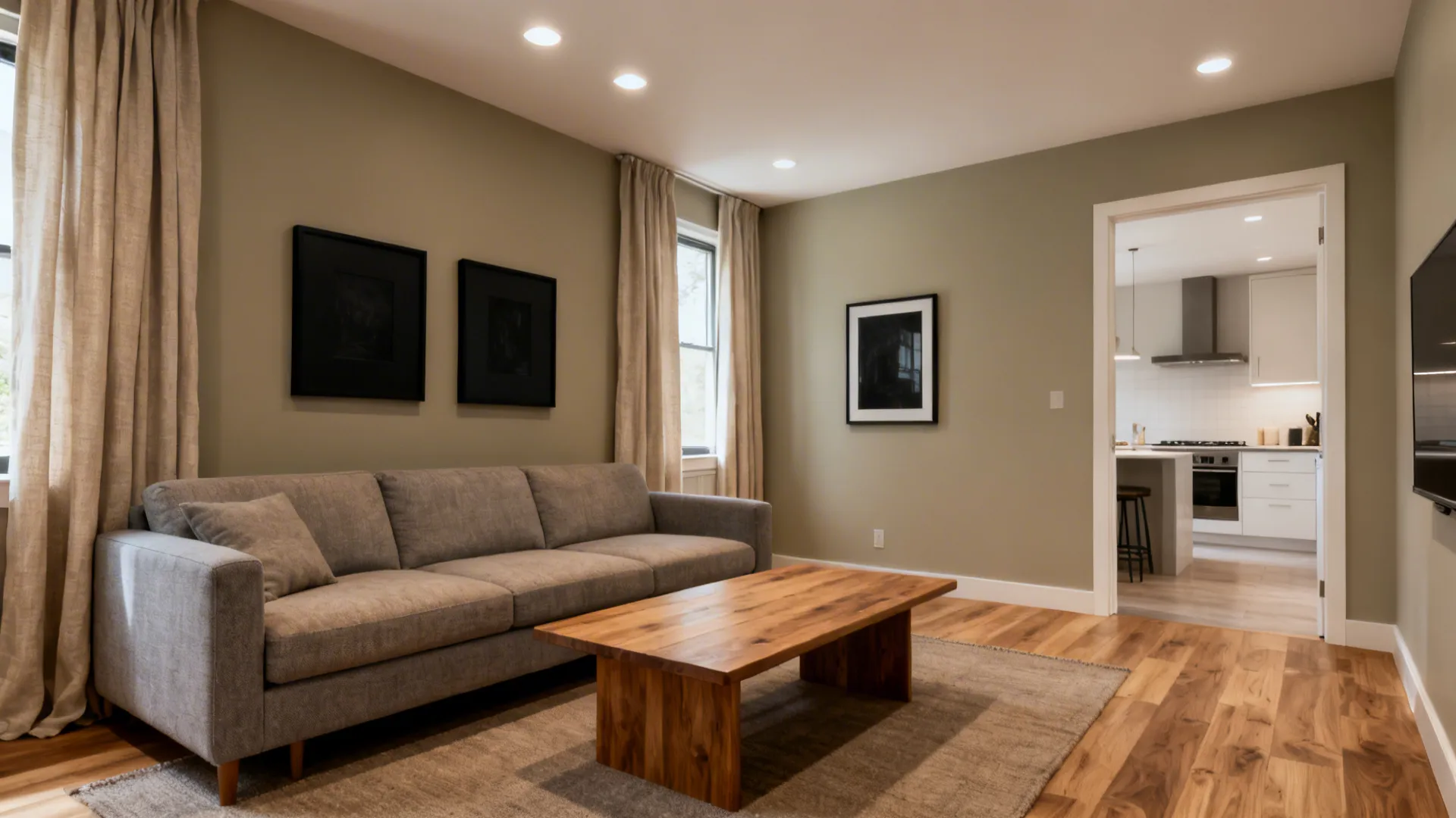 Modern living room with grey sofa wood coffee table green walls and kitchen in background