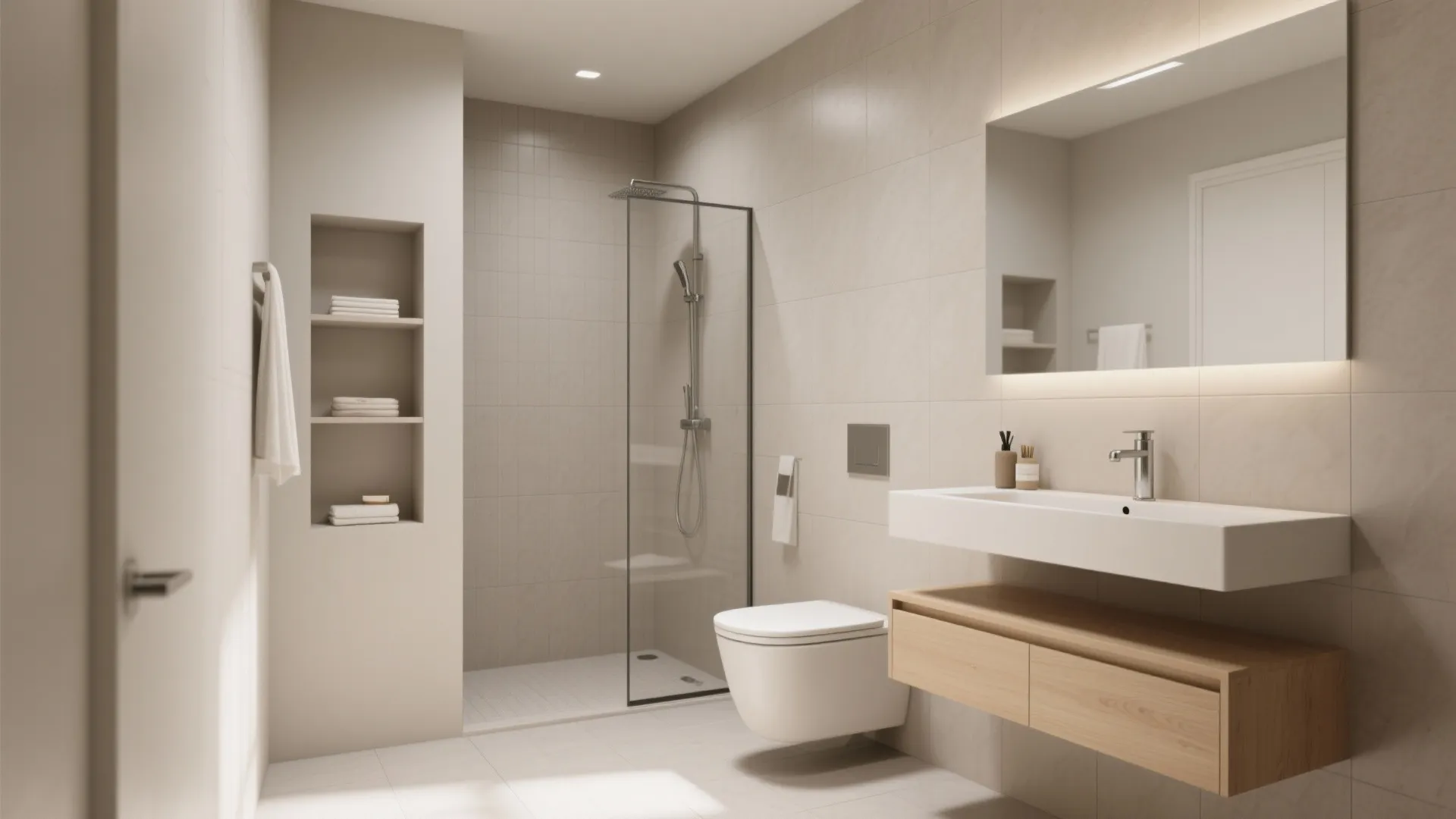 Minimalist matte tiles with built-in storage