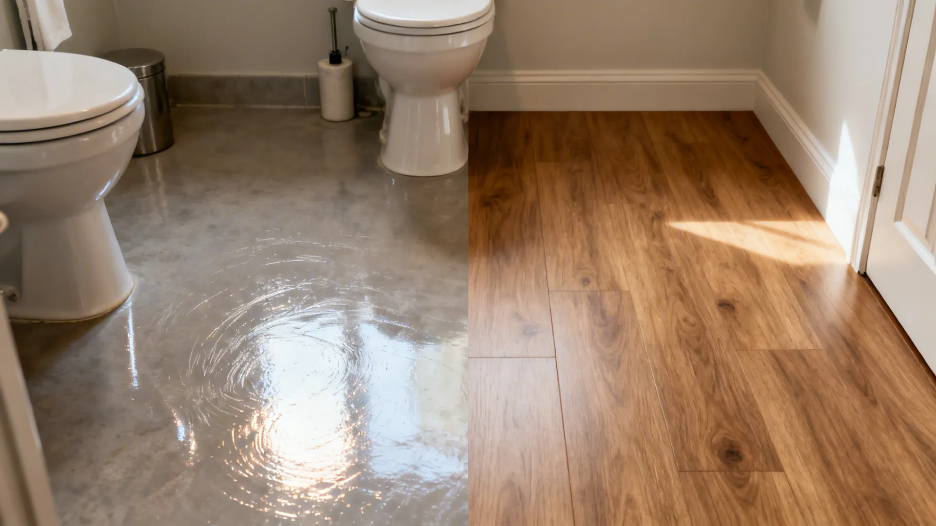 Before-and-after showing glossy scuffed floor versus matte waterproof oak vinyl.